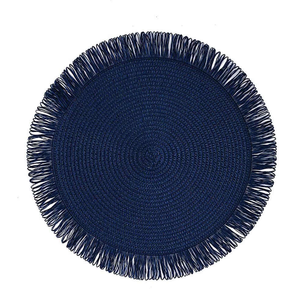 SCF2017 Round Woven Paper Straw Placemats with Tassels 38cm Table Mats,Set of 4,Navy Blue