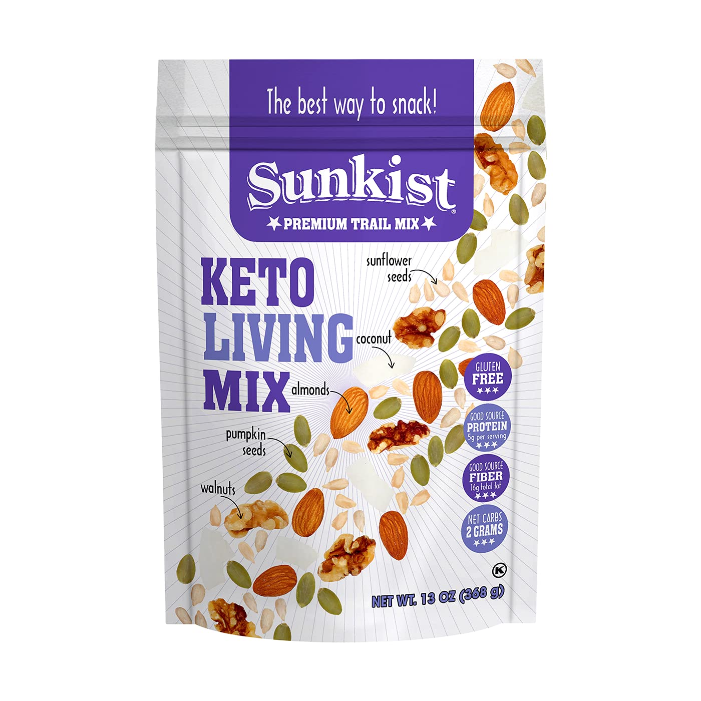 Sunkist® Keto Living Trail Mix - Fruit, Nut and Seeds, Low Sodium, Gluten Free Snack with Sunflower Seeds, Coconut, Almonds, Pumpkin Seeds, and Walnuts | Premium Quality | 13 oz Resealable Bag