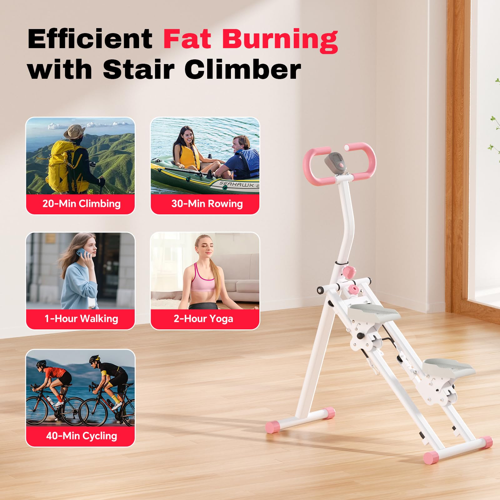 Stair Steppers for Exercise at Home, Folding Vertical Stair Stepper Climber, Full-Body Cardio Machine with Adjustable Handles, Steel Frame & Digital Monitor: Pink 49 IN