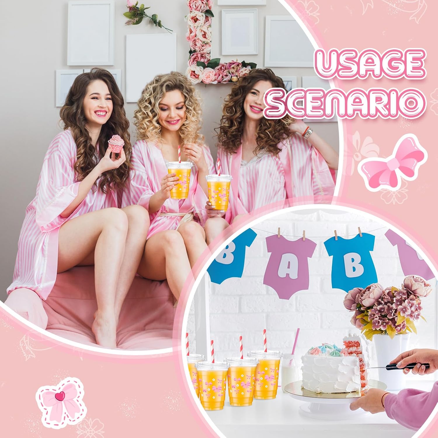 meekoo 50 Sets Coquette Pink Bow Cup with Flat Lids and Straws 12 oz Pink Bow Daisy Plastic Clear Drink Disposable Cups with Lids for Themed Parties Bridal Shower Birthday Wedding Party Supplies - Image 6