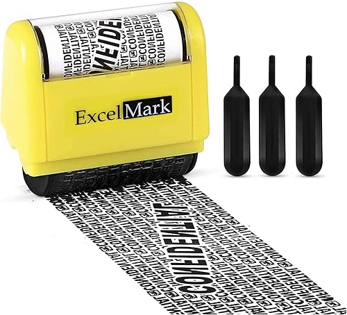 ExcelMark Sello de protección contra robo de identidad rodante con juego de tinta de repuesto, 3 botellas de tinta de recambio