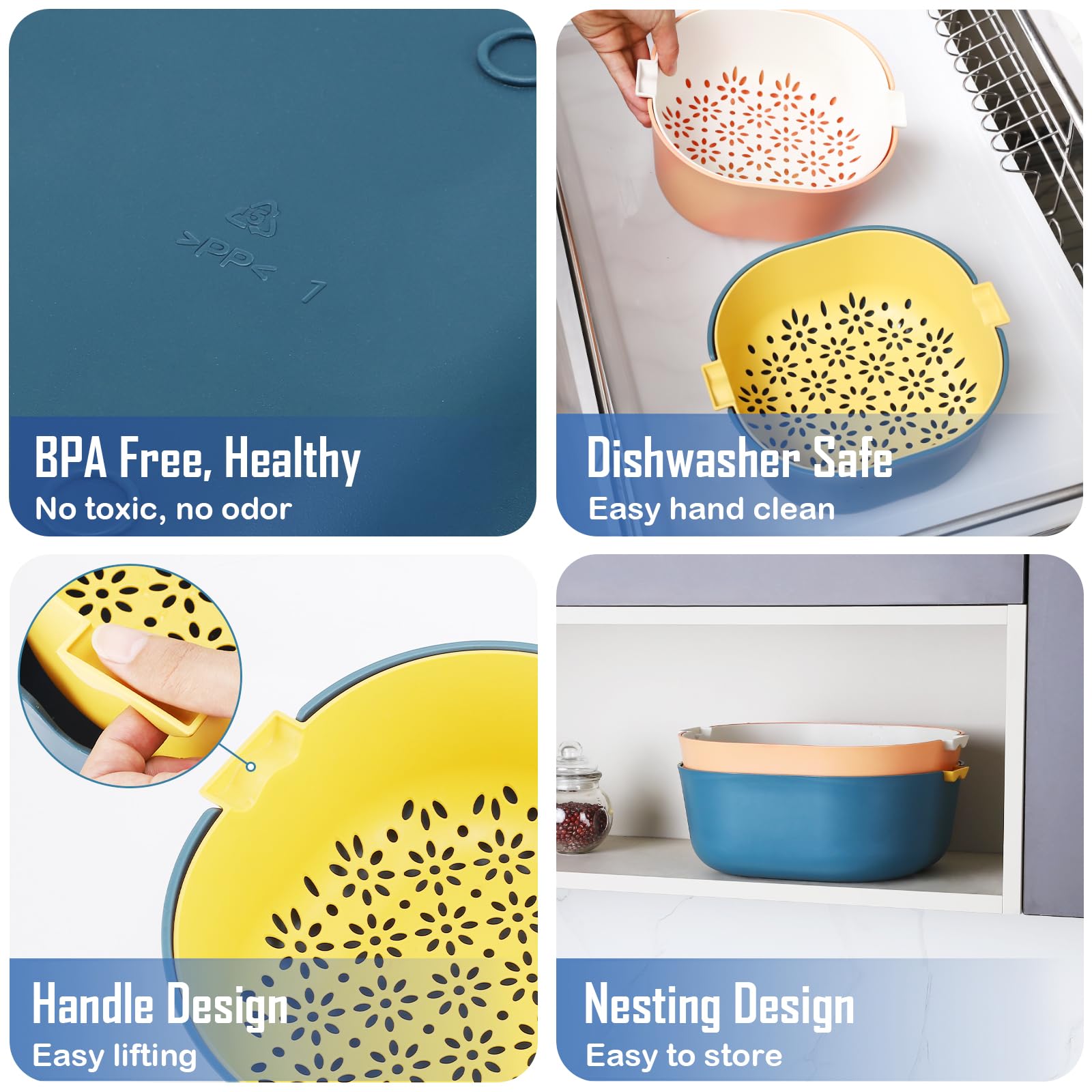 Set di 2 colini e scolapasta per lavello da cucina, senza BPA, lavabile in lavastoviglie, capacità 5,5 litri, perfetto per lavare frutta, verdura e pasta