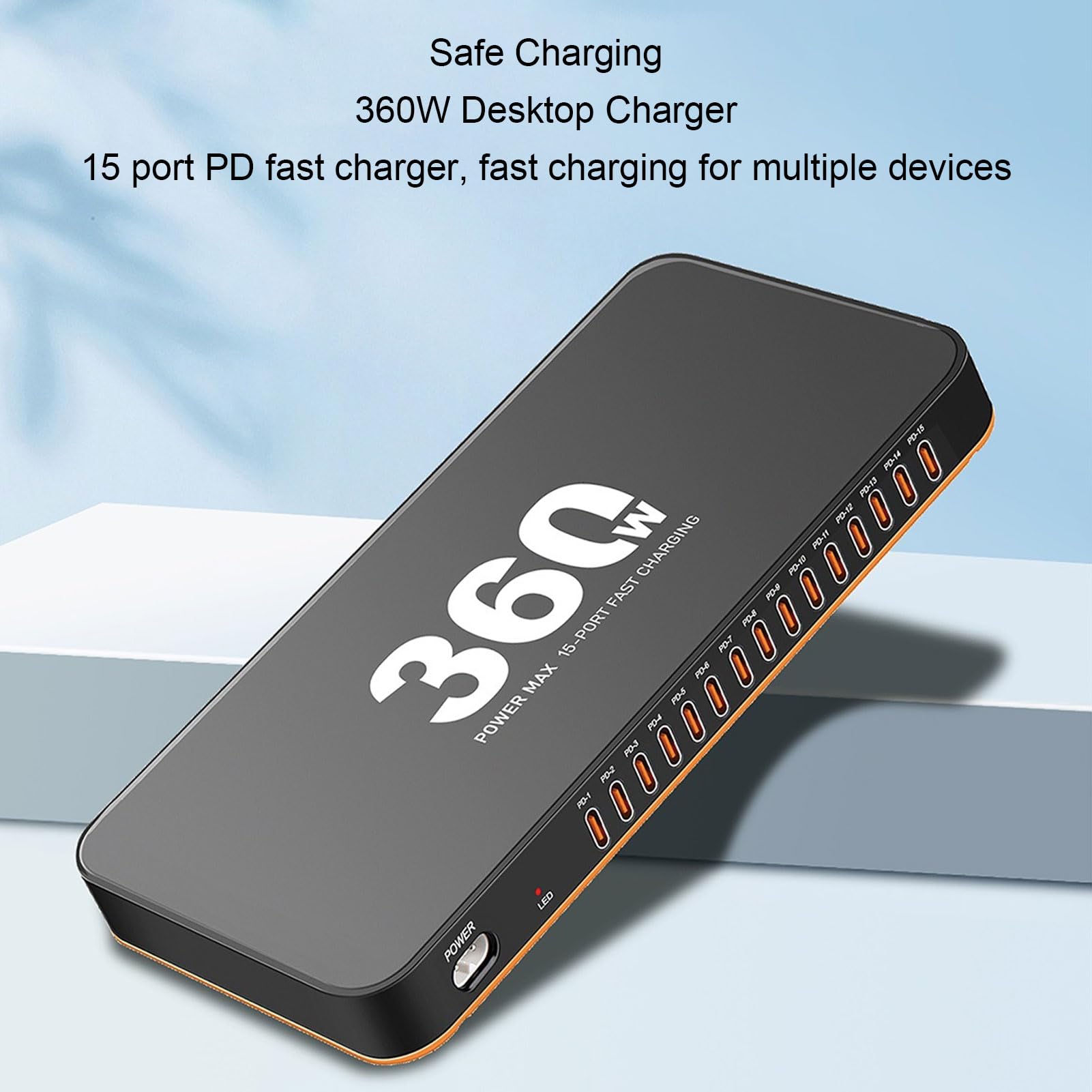Tosuny Caricatore Veloce Desktop 15 Porte, Caricabatterie Desktop 360W, Stazione di Ricarica Rapida USB C con PD3.0 2.0 Controllo della Temperatura AI e 8 (Spina europea)