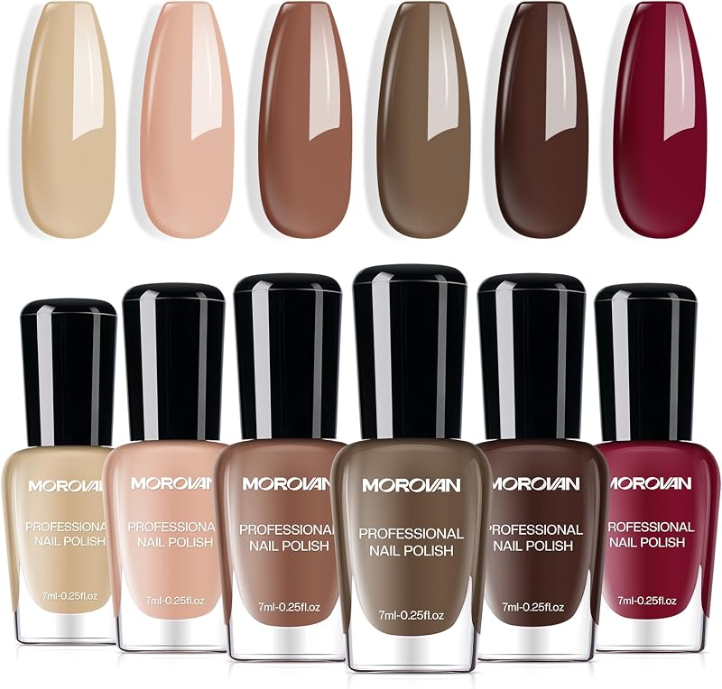 Morovan Brown Nail Polish Set: Nude Dark Chocolate Nail Polish Kit Regular Air Quick Dry Autumn Fingernail Polish Pack for Women Nail Art Christmas Gift Holiday Party