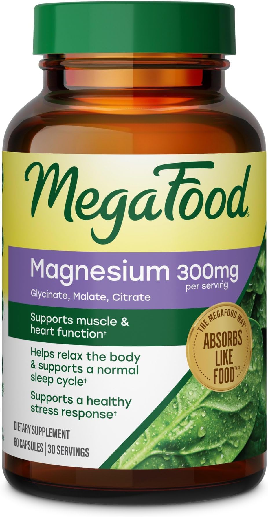 MegaFood Magnesium Glycinate, Citrate, Malate 300mg Supplement - Highly Absorbable Blend to Support Heart, Nerve Health & Relaxation, Triple Magnesium Complex Supplement, 60 Capsules (30 Servings)