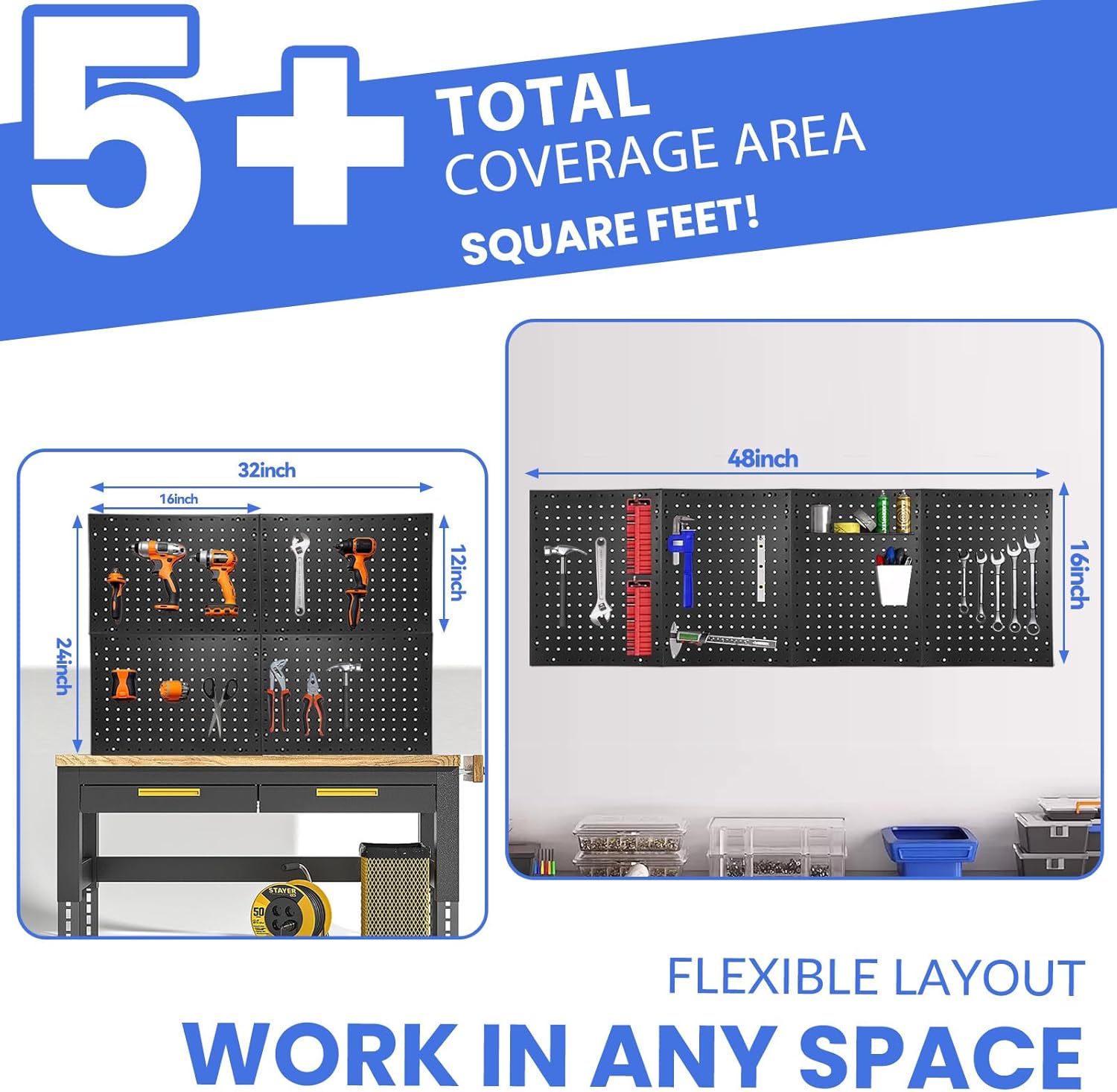 Heavy Duty 4 Panel Metal Peg Board with 32 Sturdy Hooks, Wall Pegs for Garage Organization, Garden Tools, Peg Board Organizer Accessories(Black,32" X 24")