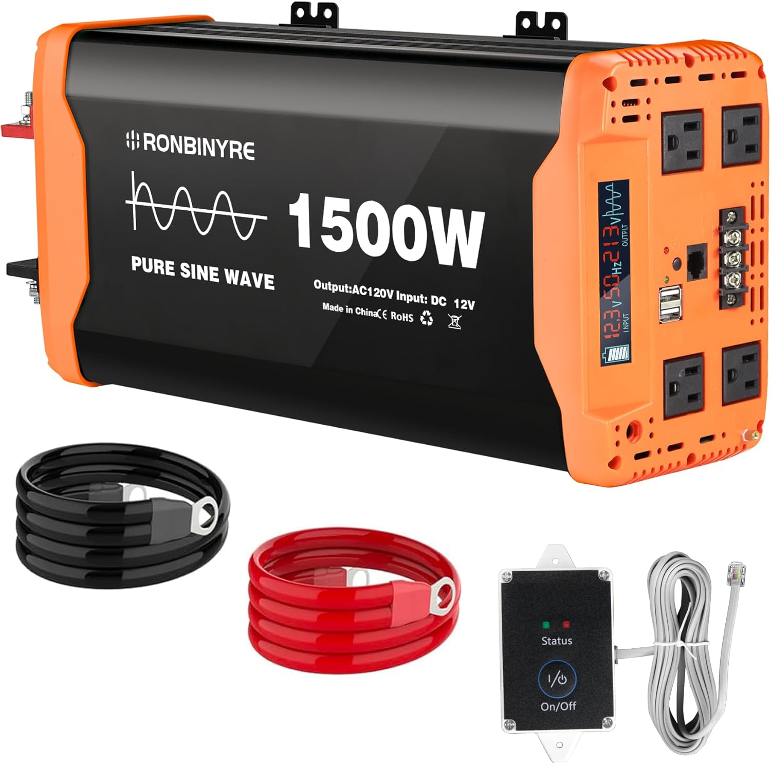 1500W Pure Sine Wave Power Inverter FCC Approved Low EMI DC 12V to AC 120V with a Hard Wire Terminal Block and Big LCD Display for RV Truck Boat Solar System (PURE-1500W)