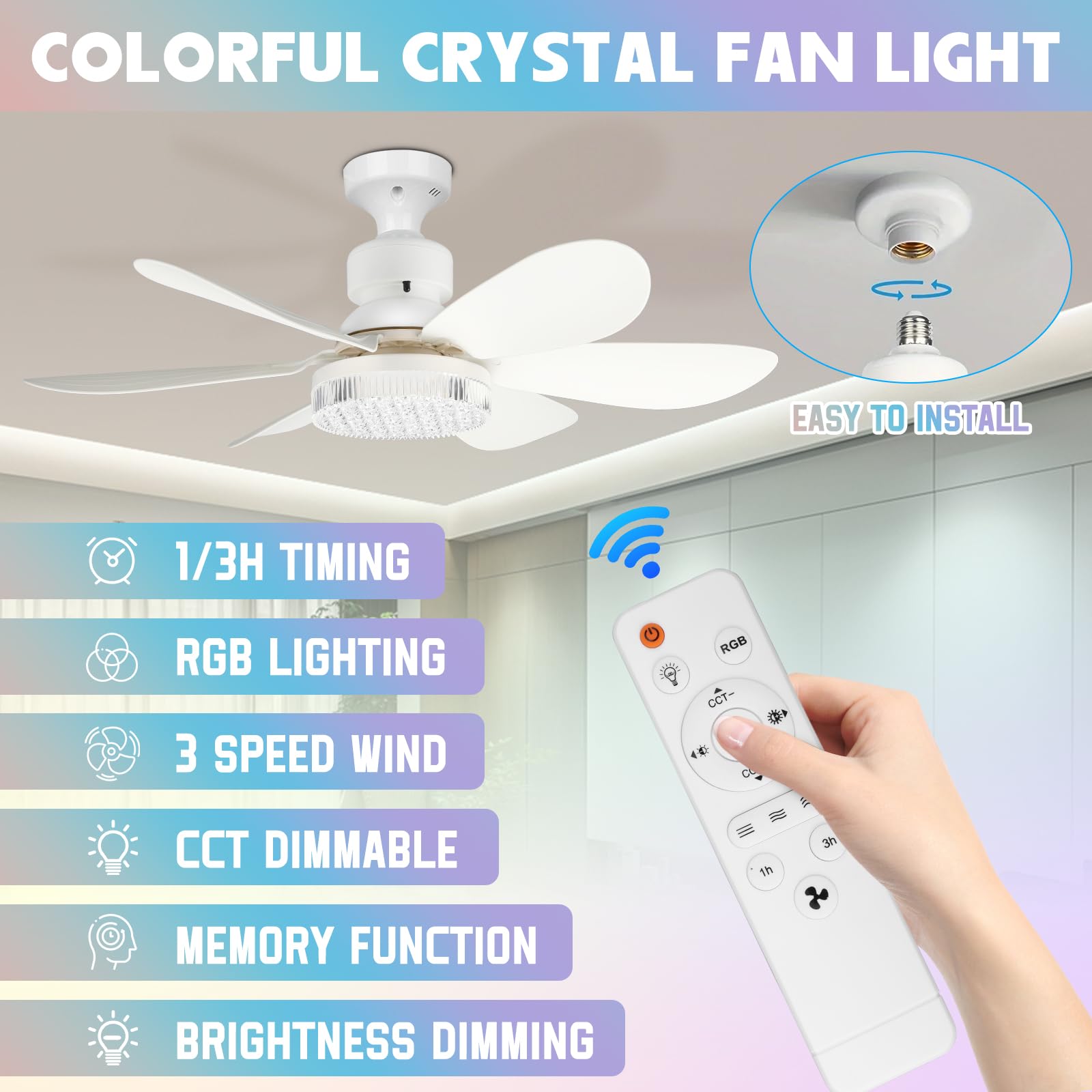 ConBlom Ventilatore da soffitto con lampada E27 e telecomando, 40 W, copertura in cristallo RGB, dimmerabile, silenzioso, 6 pale, per camera da letto, soggiorno, cucina
