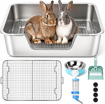 Rypet Large Stainless Steel Rabbit Litter Box Set for Small Animals | High Sides & Low Entry, 304 Stainless Steel Sifting Tray, Bowl and Bottle Included, Non-Slip, Easy to Clean, Odor Control
