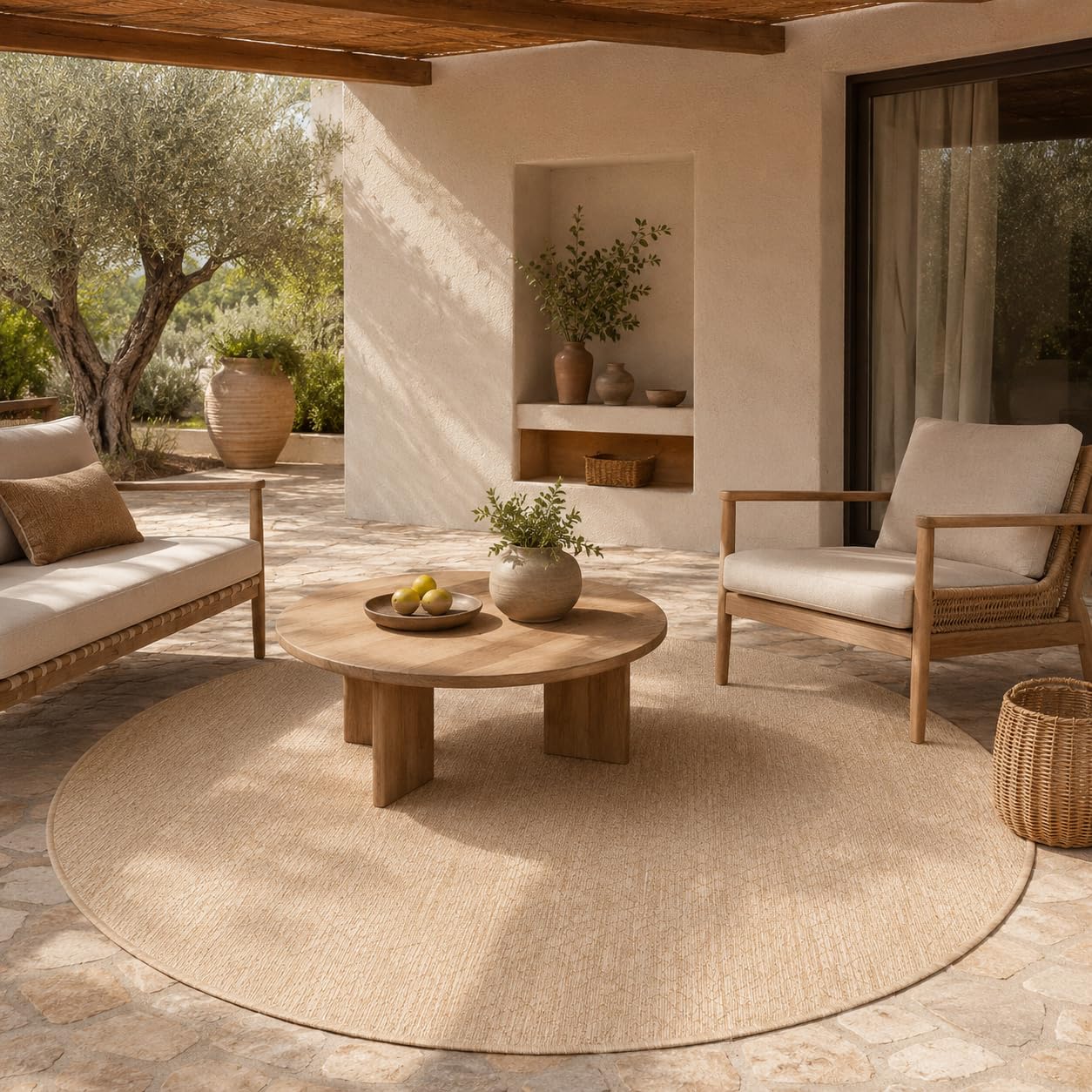Snapstyle Porto Beige Karo Rund – Balkon- & Terrassenteppich Outdoor