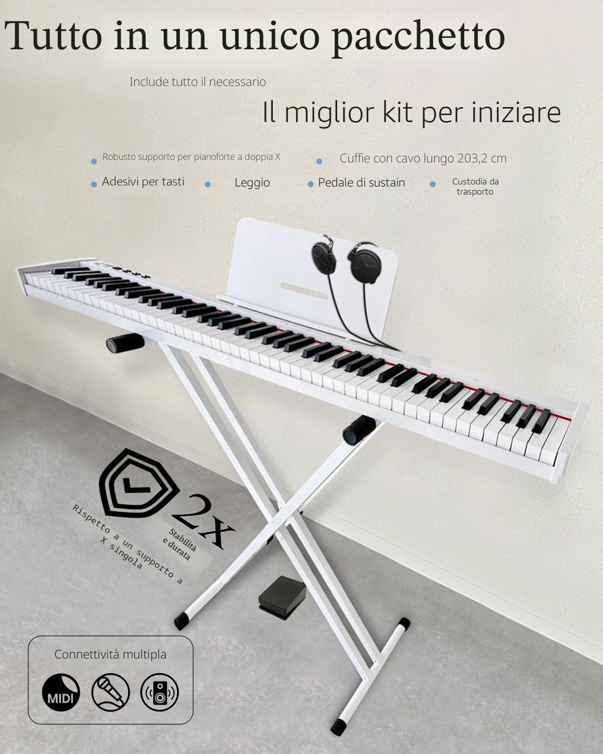 【Kit pianoforte digitale con supporto】Longeye Pianoforte Digitale 88 Tasti Tastiera Elettrica Semipesata Compatta e Portatile per Principianti,Borsa per il Trasporto,Pedale Sustain,Bianco (Slim-88)