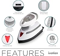 Vista 2 de Ivation Plancha de vapor de viaje Mini plancha seca de doble voltaje y vaporizador de ropa con suela antiadherente, control de temperatura y luz