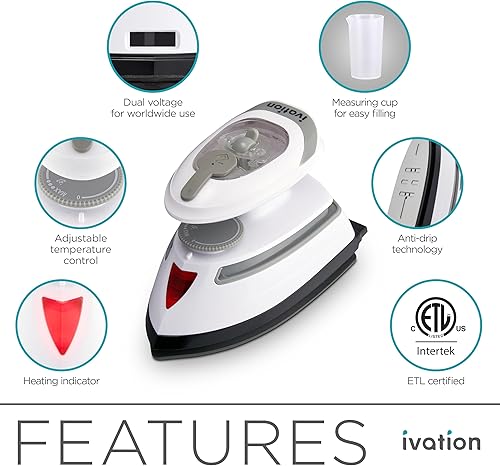 Miniatura 2 de Ivation Plancha de vapor de viaje  Mini plancha seca de doble voltaje y vaporizador de ropa con suela antiadherente, control de temperatura y luz
