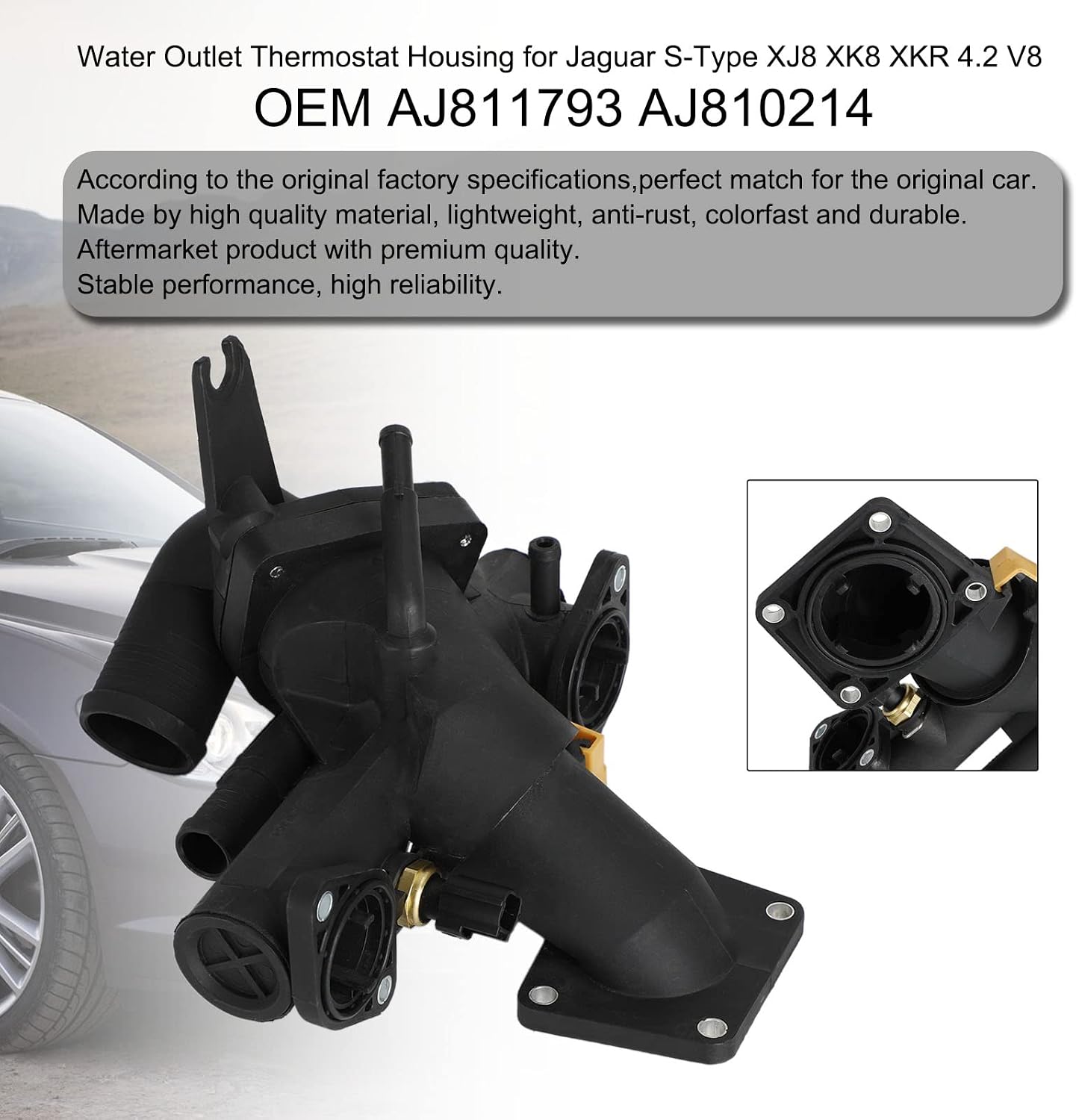 Areyourshop Car Water Outlet Thermostat Housing for Jaguar XF Base, Premium 4.2L V8-Gas, 5.0L V8-Gas 2009-2010, S-Type Base 4.2L V8-Gas 06-08, XJR Base 4.2L V8-Gas 06-09