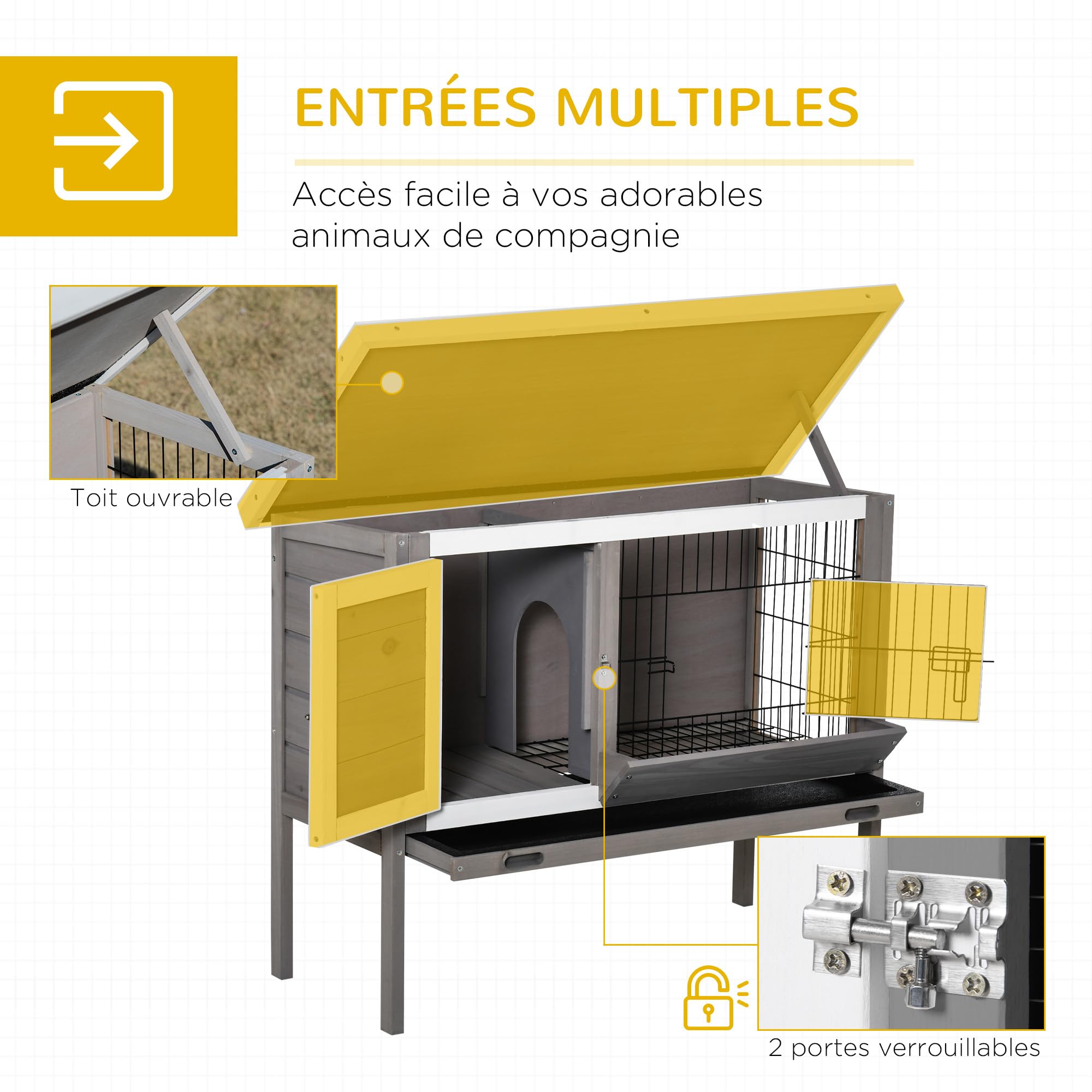 PawHut Clapier en Bois pour Lapin avec Mangeoire 91 x 46 x 71 cm Gris