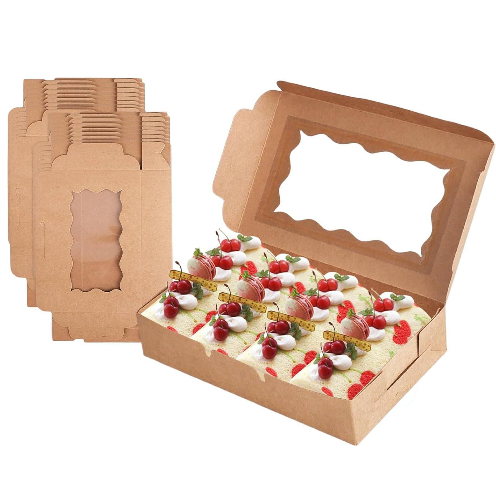 Snorvixre 20pcs Brown Cardboard Dessert Boxes with Viewing Window and Ribbon Suitable for Cakes and Pastries Organization Paper Box