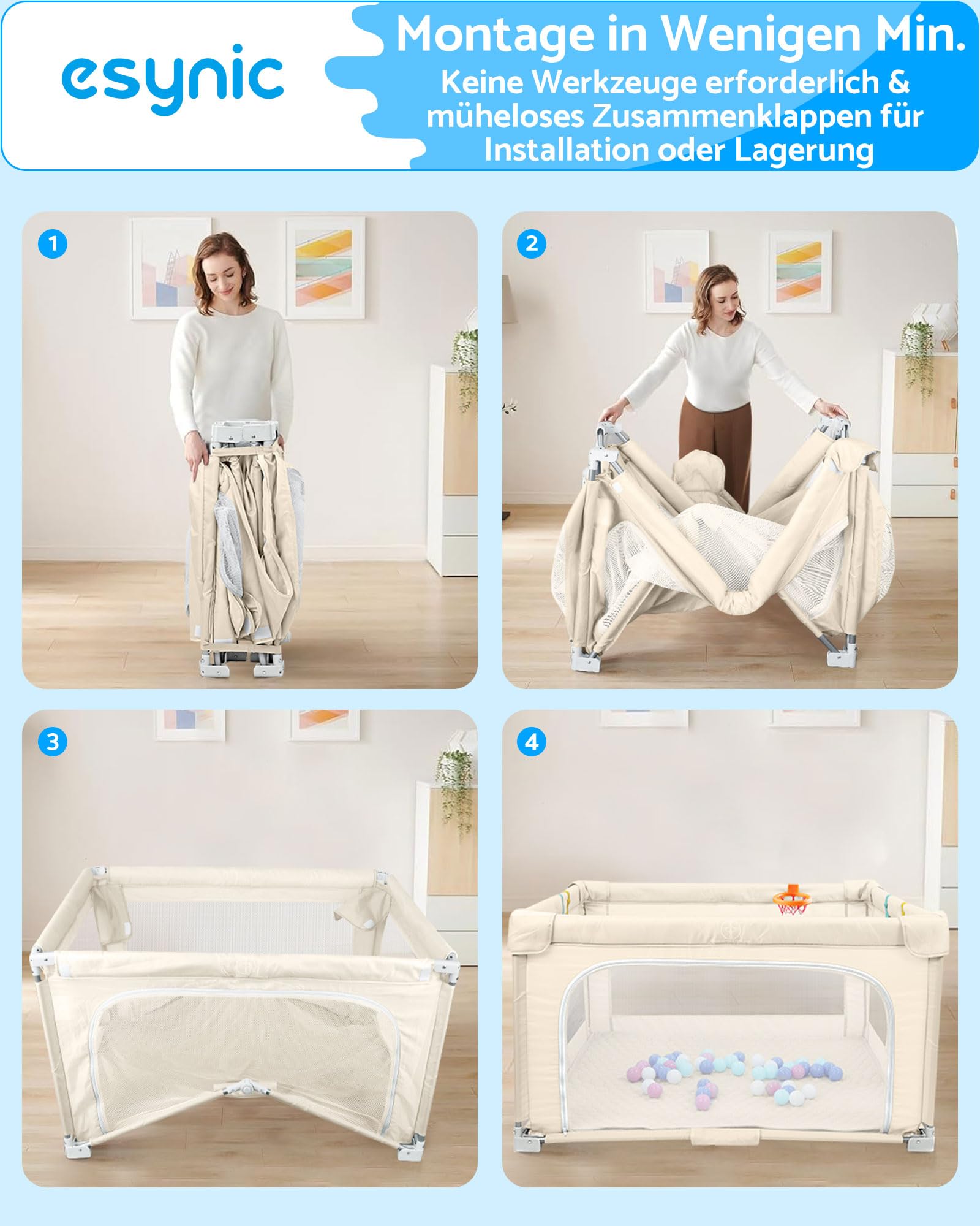 eSynic Laufstall Baby Faltbar Laufgitter mit Matte 150×150cm Klappbarer Extra Großes Indoor & Outdoor Sicherheitslaufstall mit Atmungsaktivem Mesh 50 Bällen Spielgriffen & Tragetasche Beige