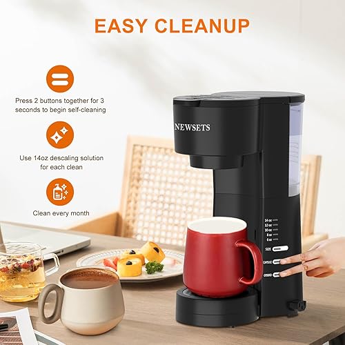 Miniatura 7 de NEWSETS Cafetera de una sola porción para tazas K y café molido, cafetera 4 en 1 con molinillo y espumador de leche, tamaños de preparación de 6 a