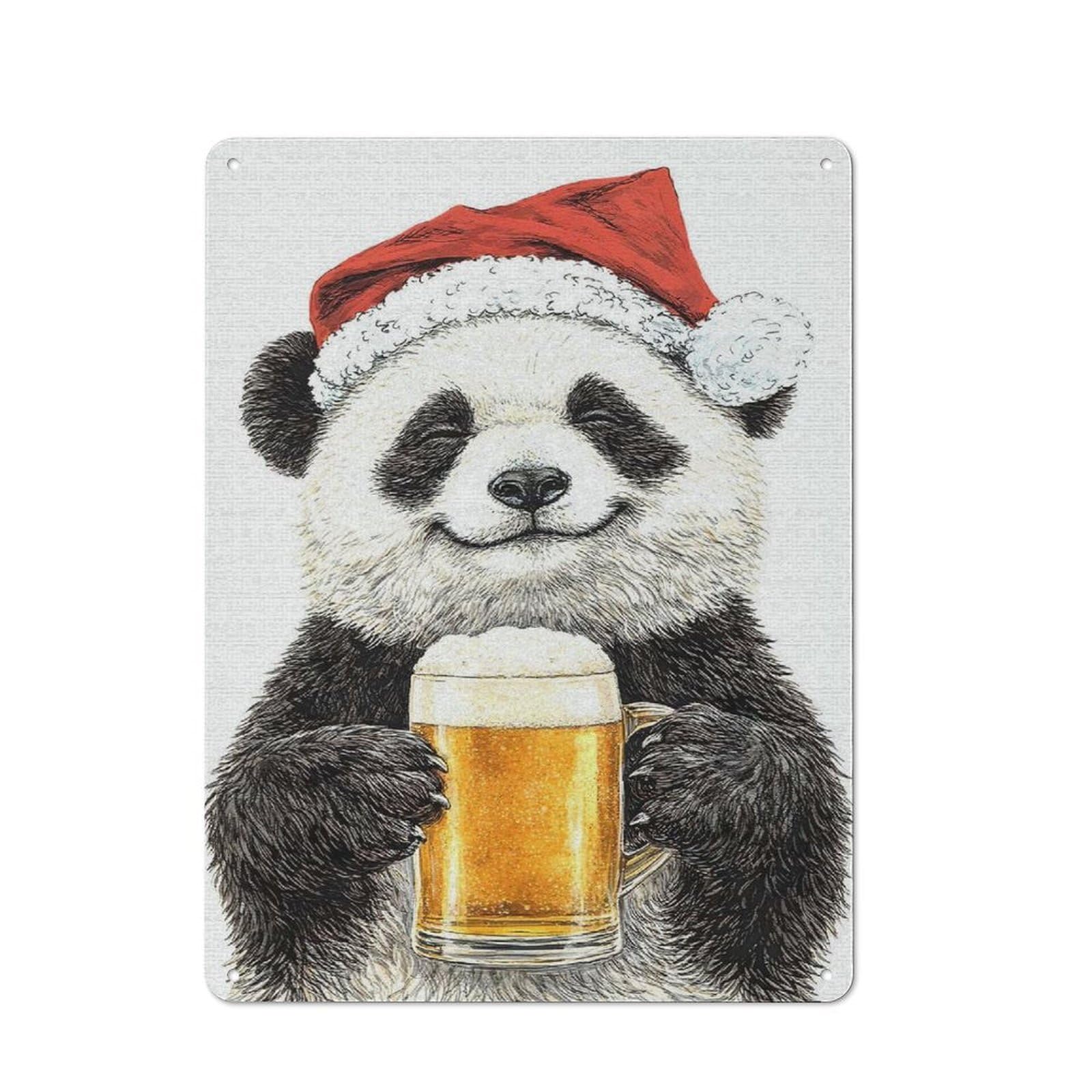 Workshop Style Panda in Santa Hat with Beer Tin Sign 40x30cm, Industrial Wall Art for Garage, Hobby Room, Office Or Man Cave