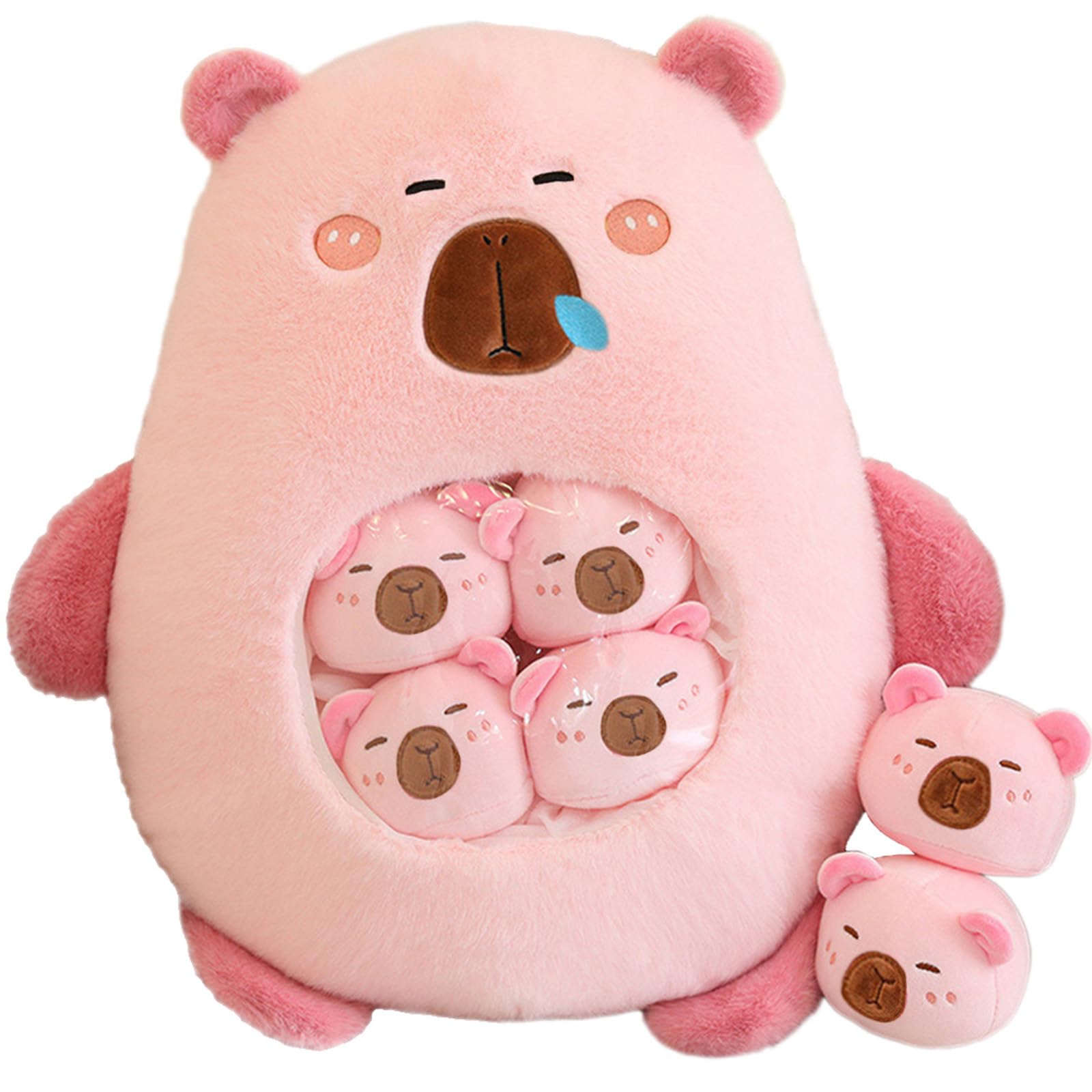 Aiuidun Capybara Plush with 6 Cute Babies Capybara Stuffed Animals,a Bag of Capybara Animal Snack Pillow,Super Soft Capybara Plushie Doll Pillow for Baby Boys Girls Toys(Pink)