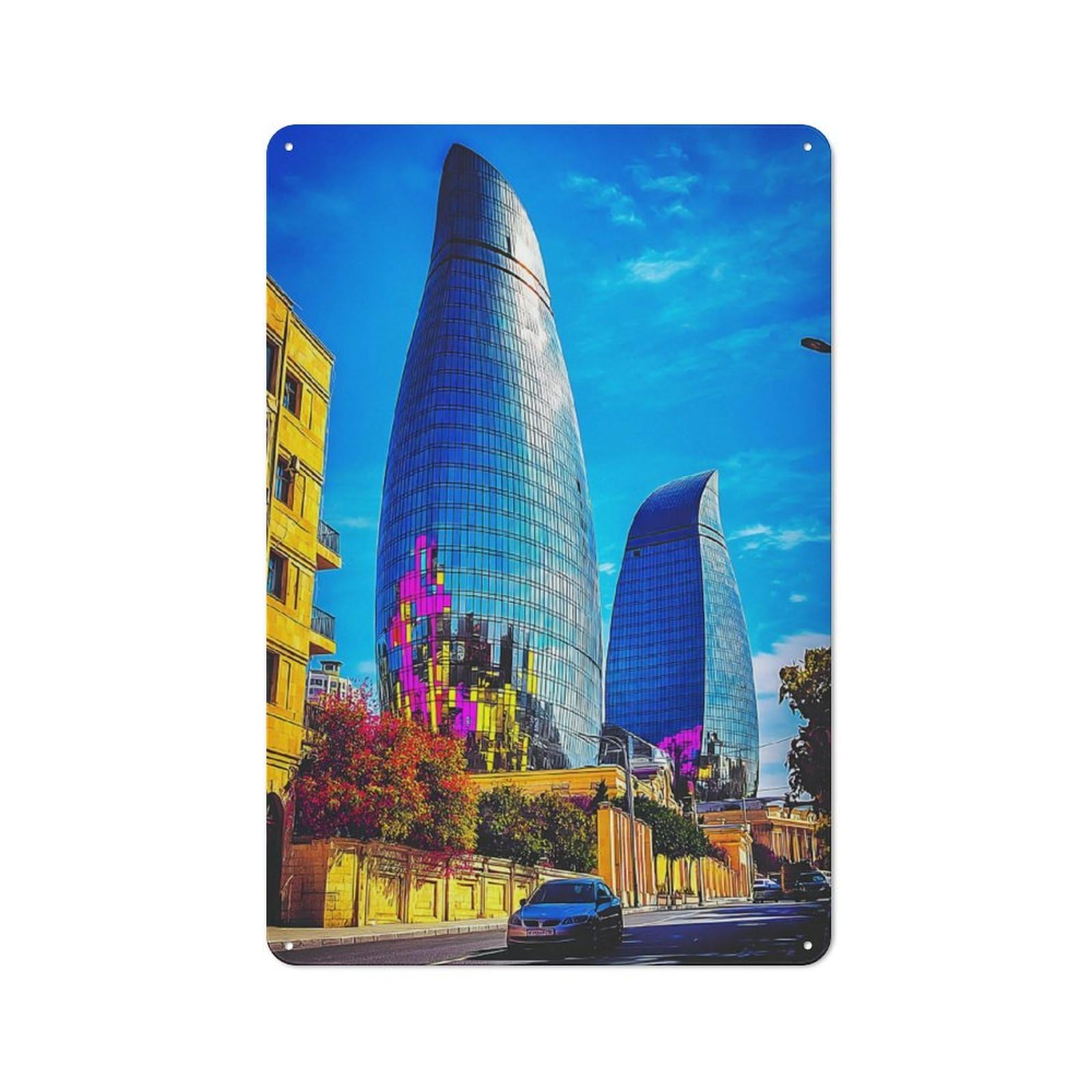Junmoney Baku's Flame Towers Modern Architecture In A Metal Wall Sign 30X20cm Featuring Zerbaijan For Garage Wall, A Housewarming Gift For People Furnishing A Garage