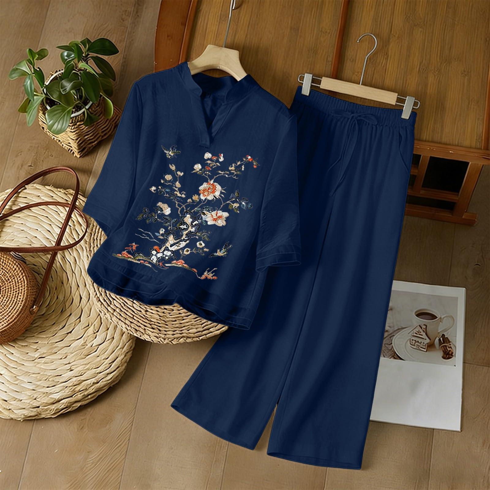 Conjunto Mujer Verano 2 Piezas Moda raje de Primavera Ligero Chndal Blusa Pantalones Ropa Playa Vacaciones Deportivo Casa Trabajoropa Verano mujerAcabado Refinado
