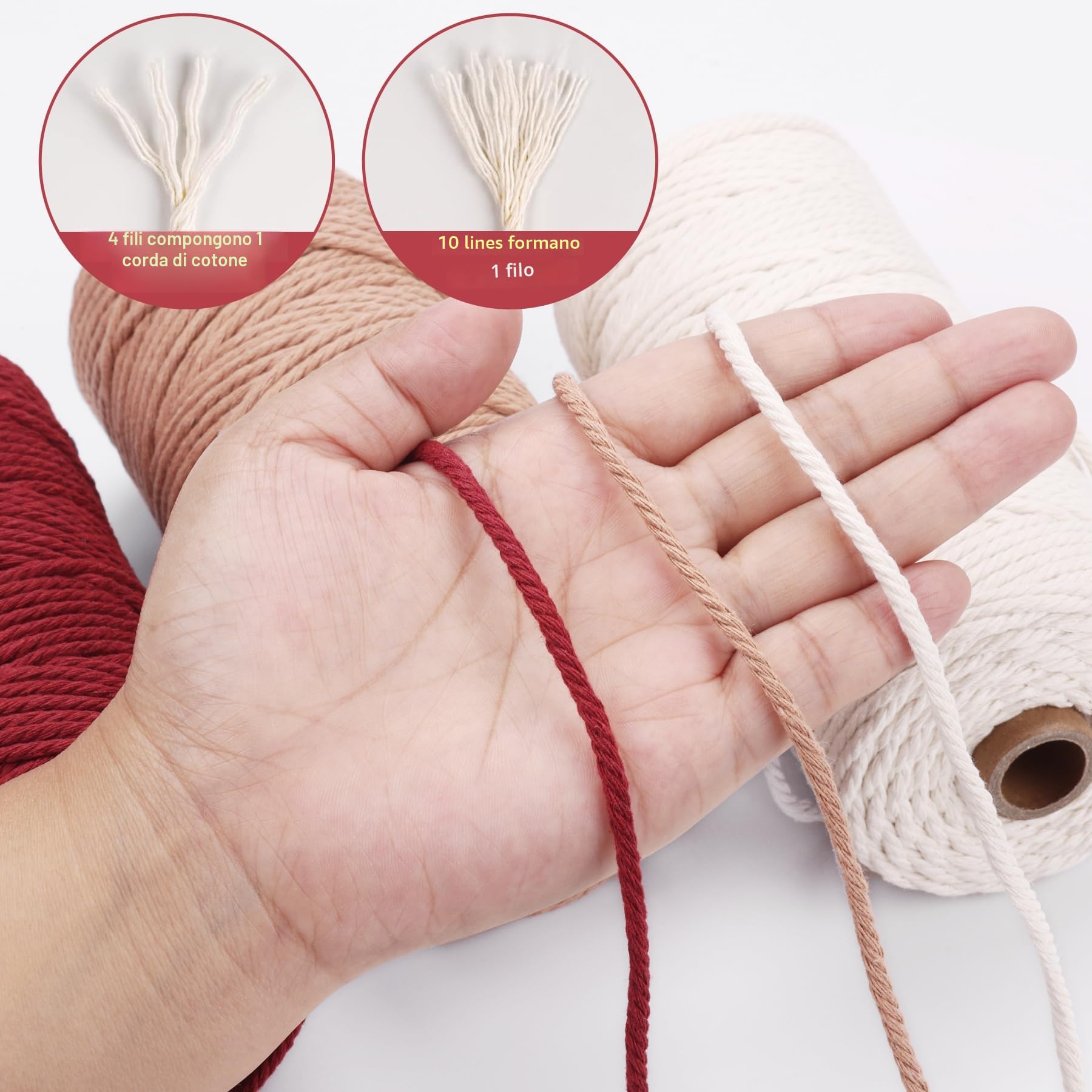 Corda Macramè 3mm Set 3 Filo Cotone Naturale 100m Beige Terracotta Bordeaux 300 Metri