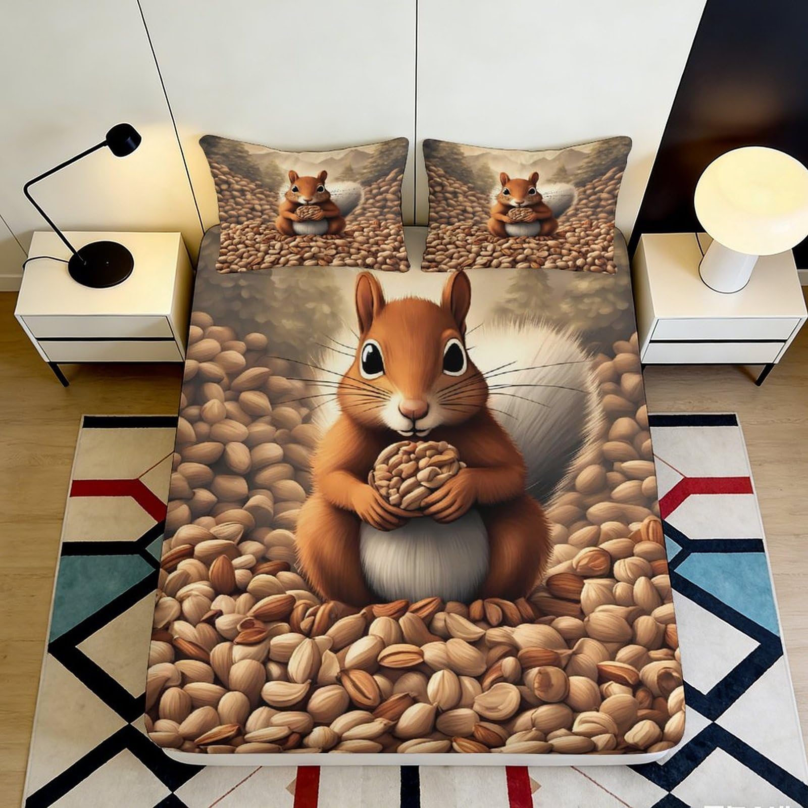 3D Printed Squirrel Forest Fitted Sheet Microfiber Soft Brown Nut Bed Cover for Bedroom Guest Room Decor Protection 90x200x25cm