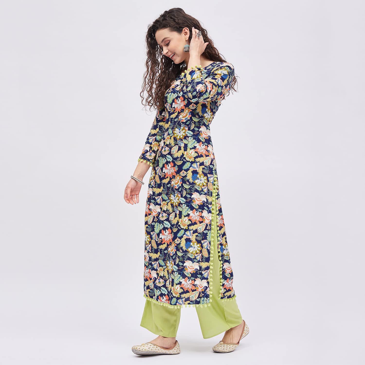 Tissu Women's Rayon Blue & Green Printed Kurta With Palazzo (Tis-635_Blue_S)