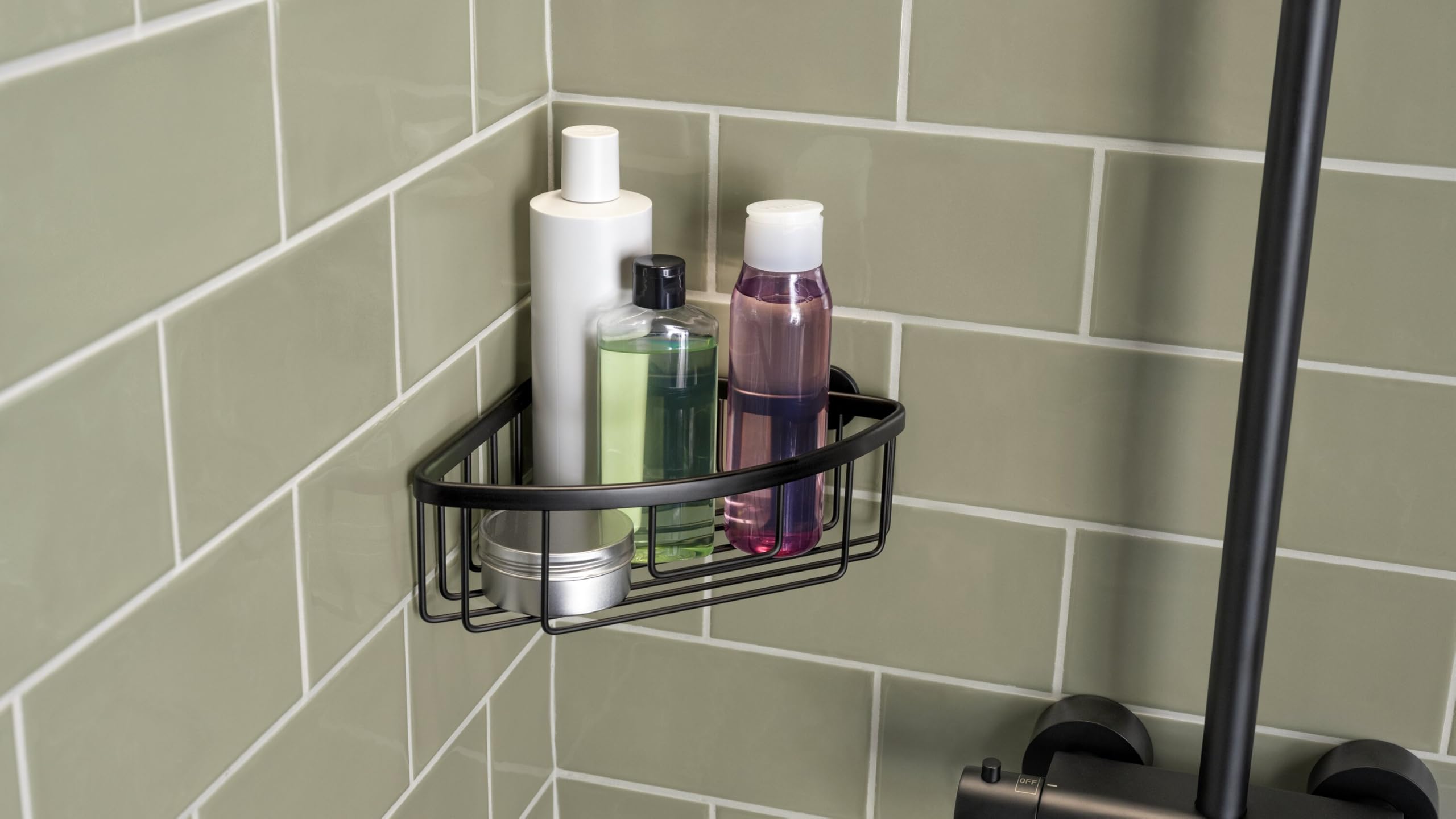 tesa Aluxx Black Corner Shower Shelf for Wall Mounting No Drilling Black Matt Single Tier for Industrial Style — view 6
