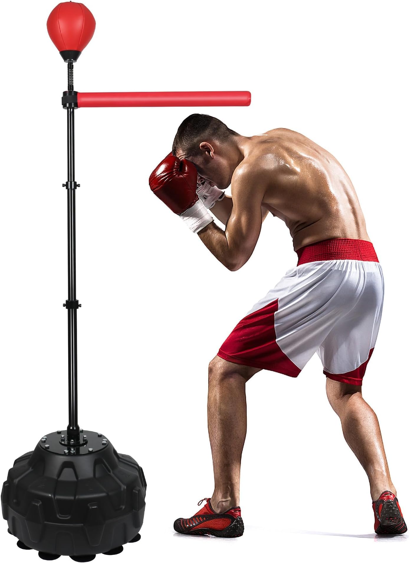 Reflex Ball & 360°Rotating Rod Boxing Bar Training Kit - Punching Bag Spinning Bar, Free Standing Design Adjustable Height for Adults（Red