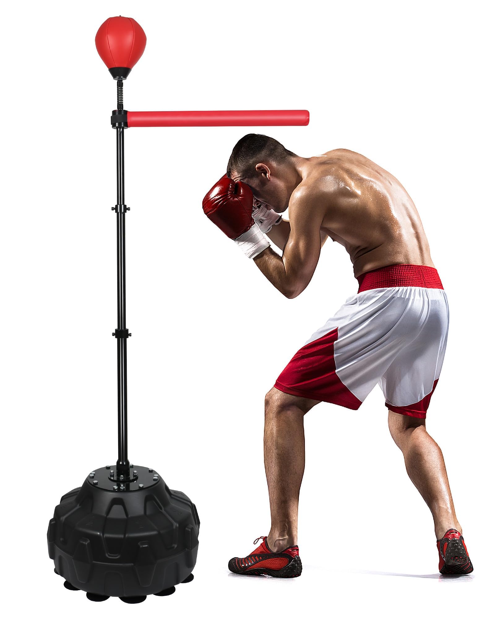 Reflex Ball & 360°Rotating Rod Boxing Bar Training Kit - Punching Bag Spinning Bar, Free Standing Design Adjustable Height for Adults（Red
