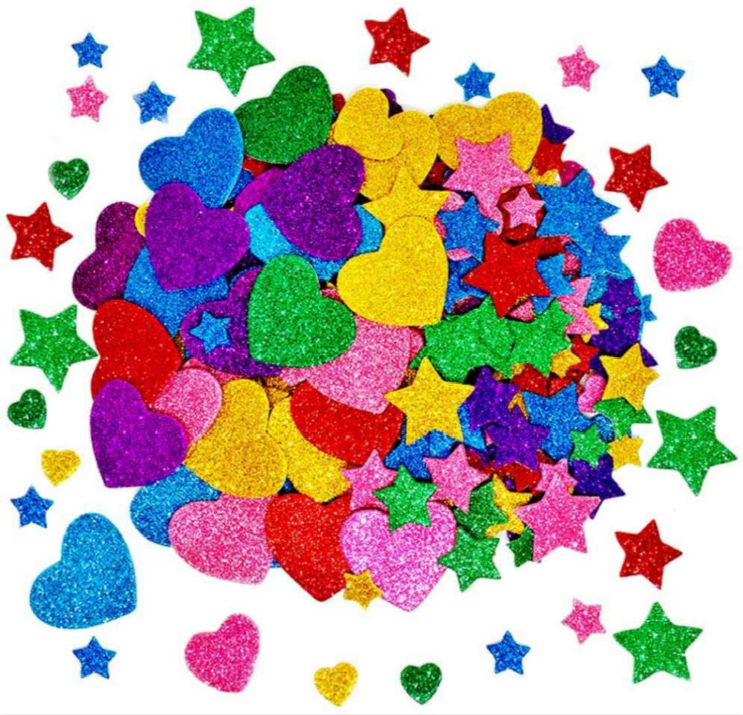 Bosdontek Pegatinas de Estrellas de Espuma con Purpurina de 300 Para Decorar Tarjetas, Collages y Manualidades Infantiles Colores y Tamaños Variados (Estrella+Amar)