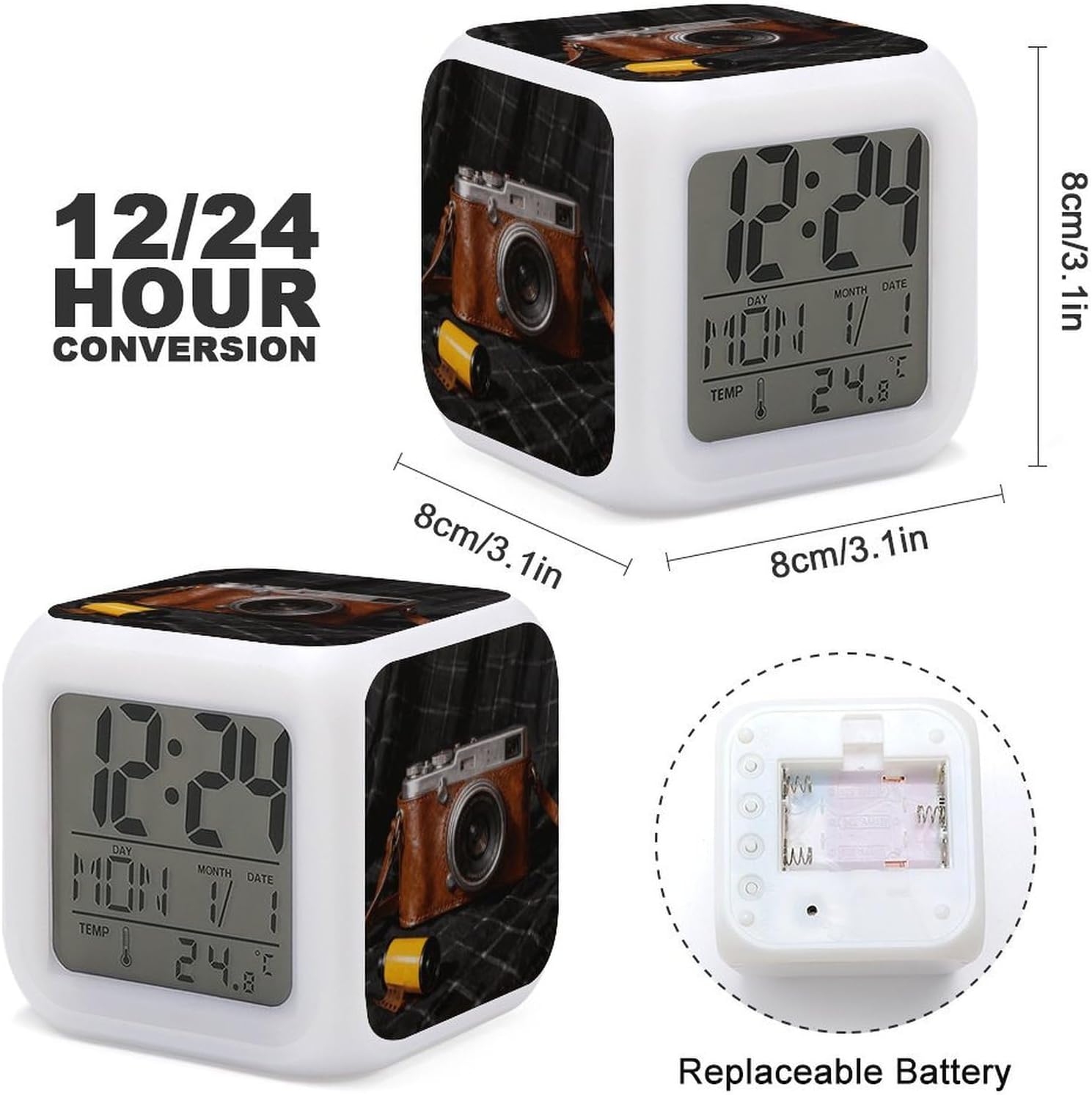 Night Light Alarm Clock, 7 Color Changing, Vintage Camera with Film image 3
