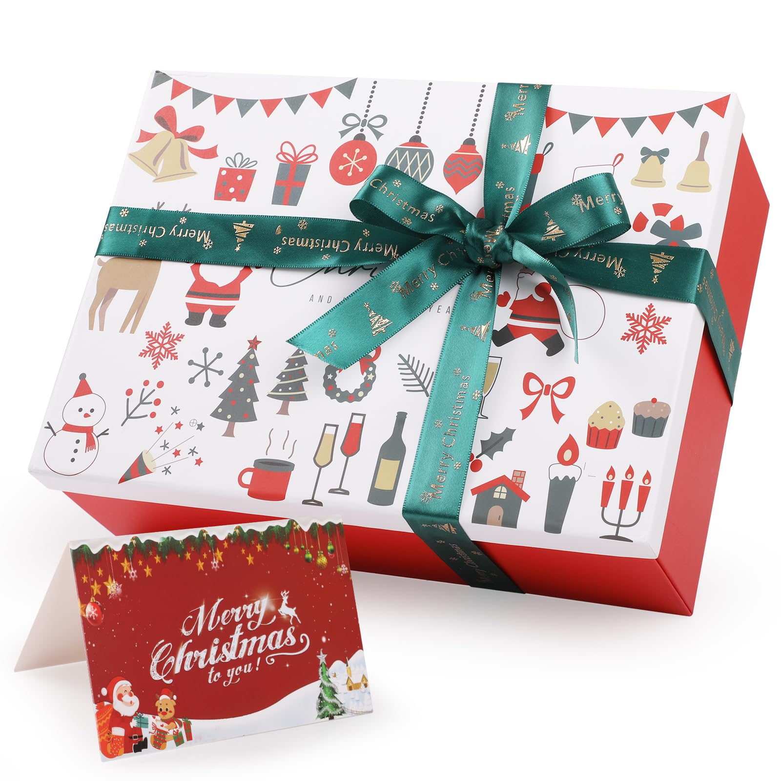 Hianjoo Gift Box for Christmas, 11.4x8.3x4.1" Collapsible Gift Boxes with Lids, Greeting Cards, Ribbon and Shredded Paper Filler, Gifts box for Presents Packaging for New Year, Xmas (White and Red)