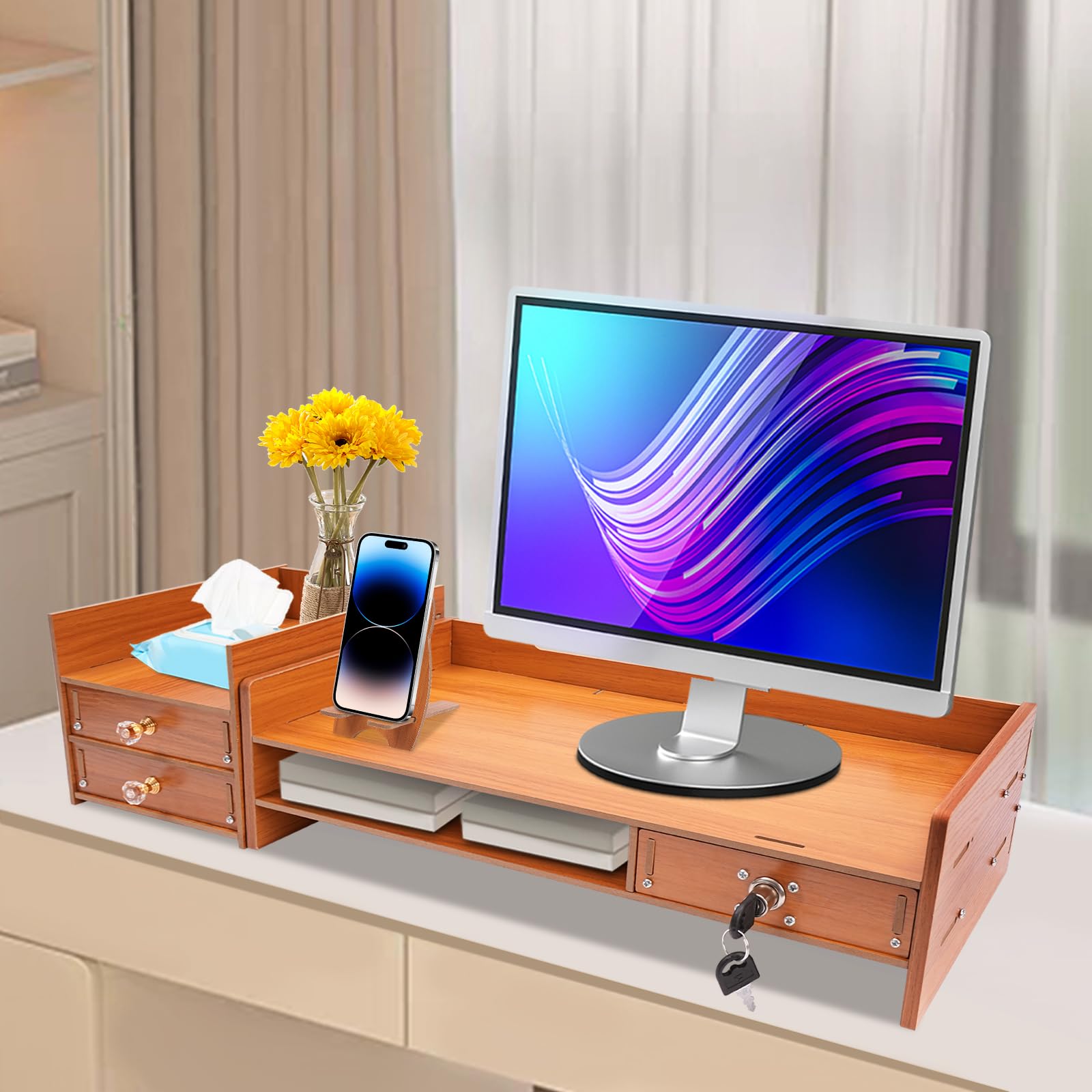 Stojak na monitor, 48 x 20 x 13,5 cm, podwyższenie monitora, 3 pudełka do przechowywania, stojak na monitor, stojak do przechowywania, akcesoria biurowe, nadaje się do biura, pokoju zabaw, gabinetu