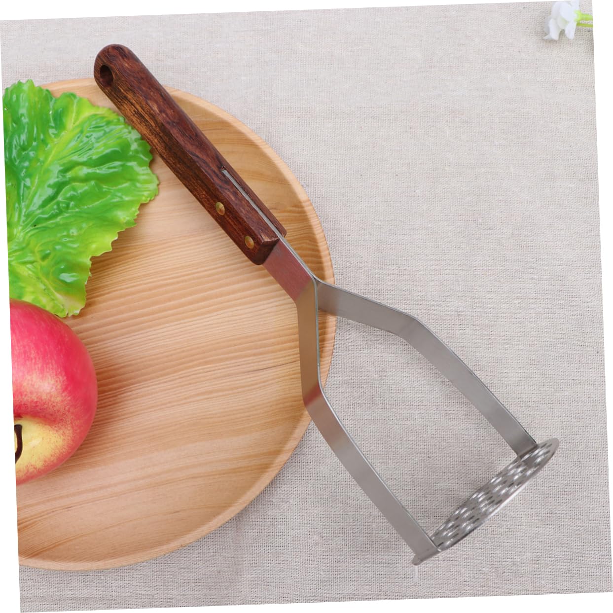 SOLUSTRE Stainless Steel Potato Masher with Wood Handle Ricer for Mashing Potatoes Fruits Vegetables Easy to Clean Kitchen Gadget Design for Comfortable Use