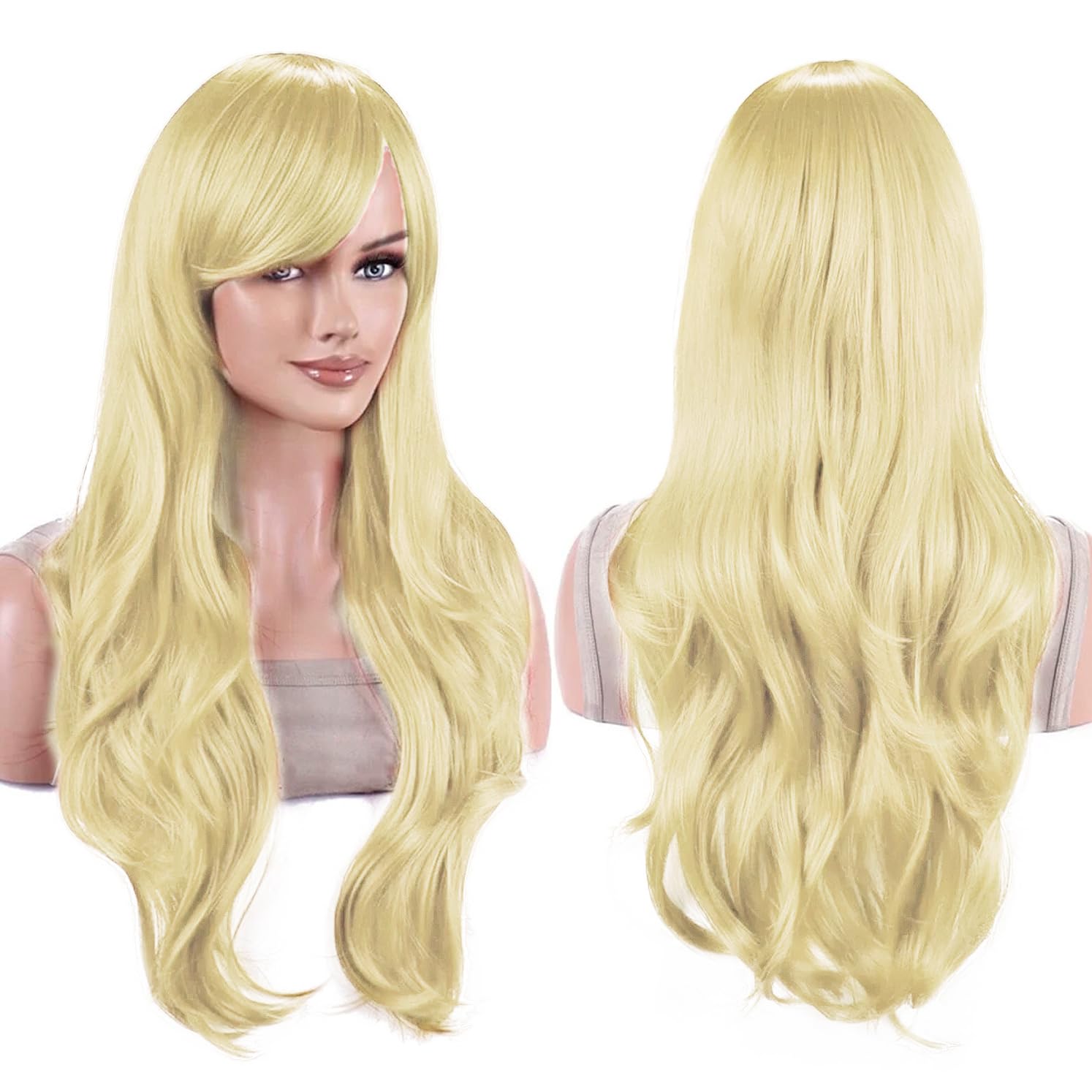 IMISSU 28 Inch/70cm Long Hair Water Wavy Wigs with Bangs Cosplay Costume Wig (Blonde) - Blonde
