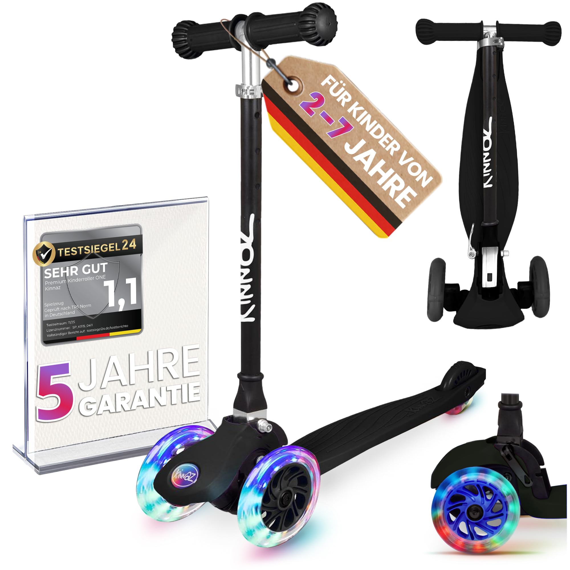 kinnaz ONE, Premium Roller Kinder 3 Jahre, faltbar, Höhe einstellbar, LED Räder, Ersatzteilservice, Beste Griffe und Bremse etc. Kinderroller ab 2 3 4 5 Jahre, Kinderscooter von Deutscher Händler