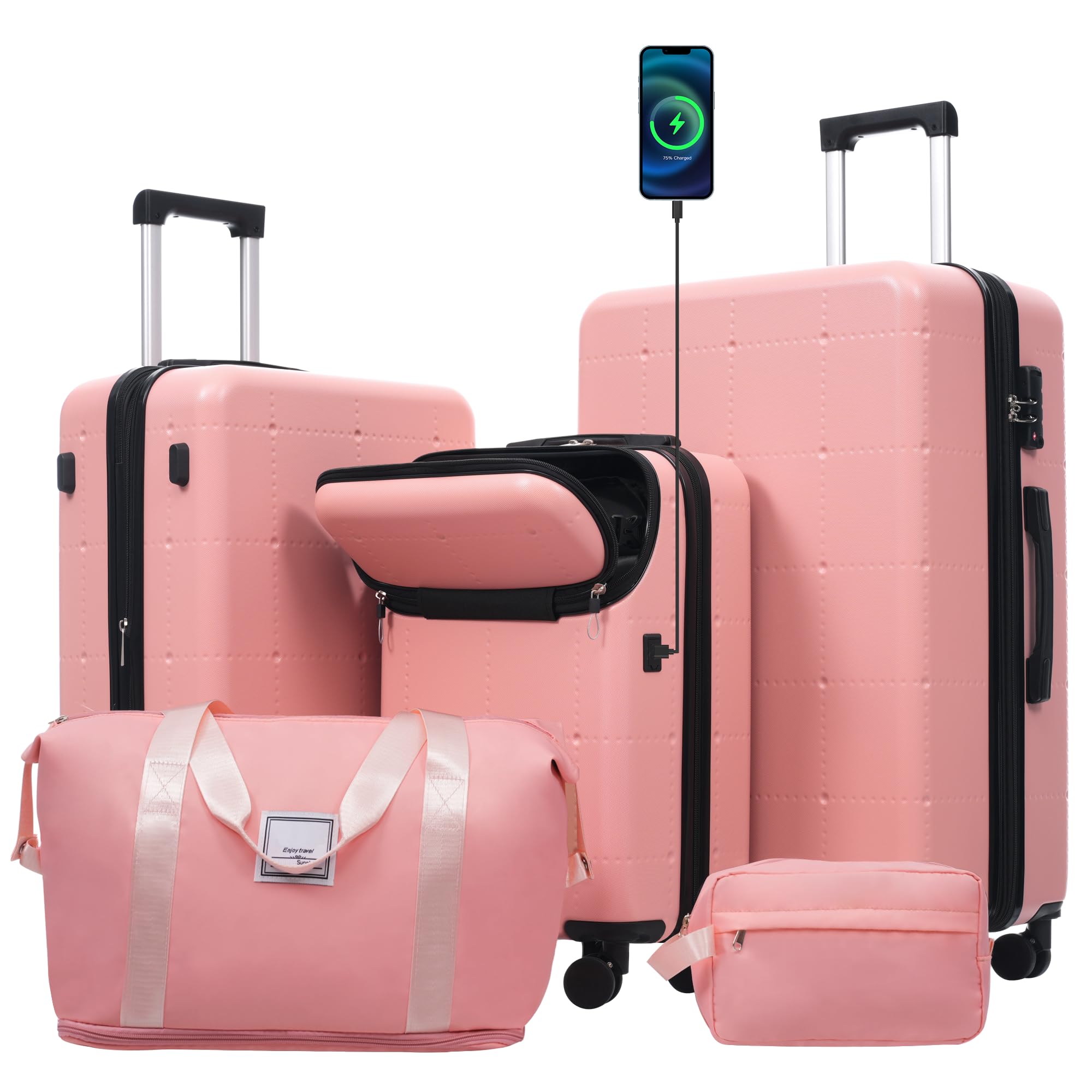 Hardside Luggage Set 5 Piece with Bags 20 Half-opening Carry on Luggage with USB Port Expandable 24 28