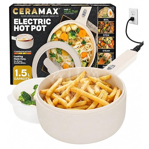 CERAMAX PRO Electric Hot Pot with Lid & Steamer, 2L Non Toxic Ceramic Cooker Skillet for Ramen, Eggs, Pasta for Dorms, Camping, RVs, Work, Adjustable Temp. - New Improved 2025 Model