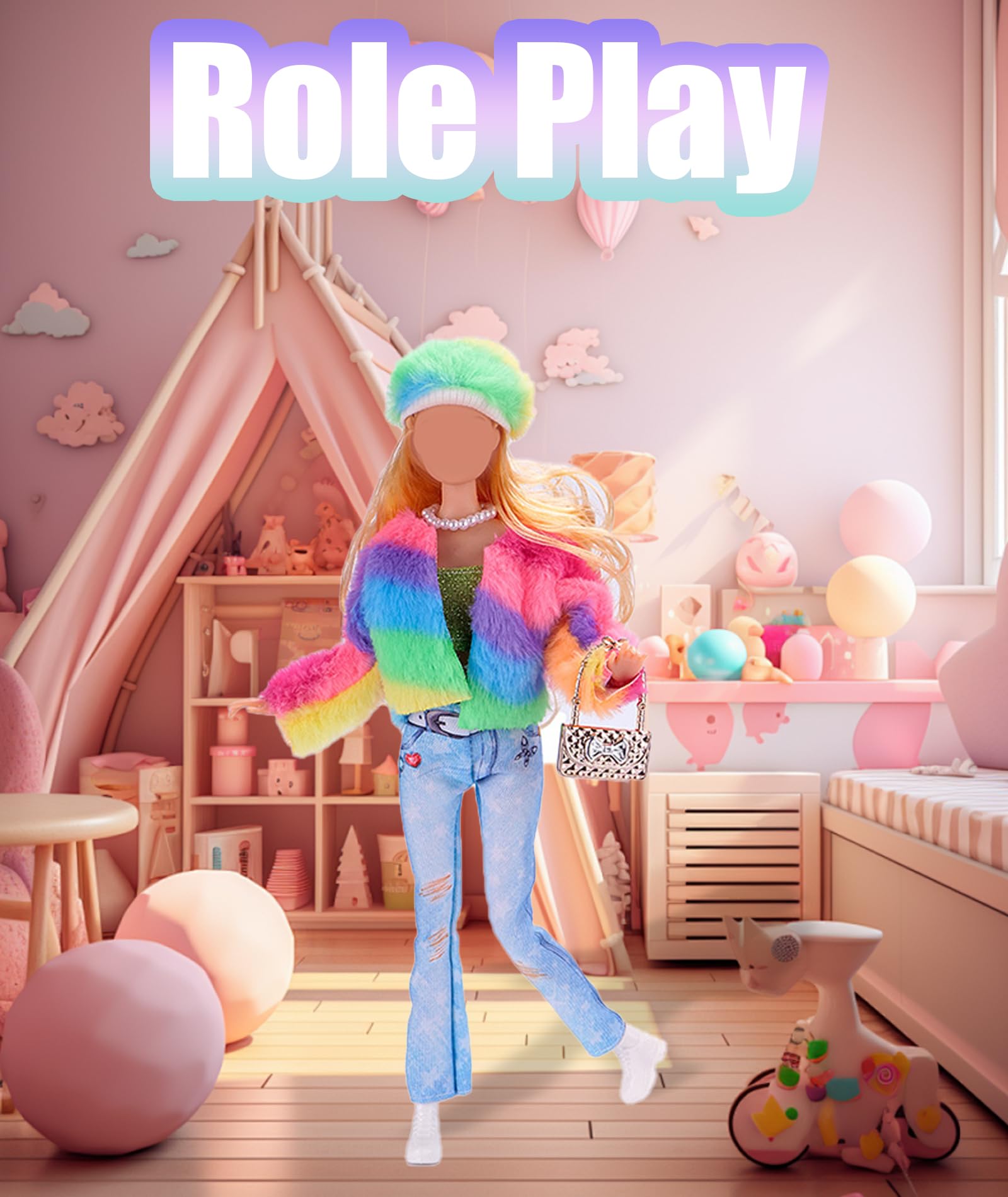 Doll Accessories, Doll's Clothes Set, Fashion Denim Style Doll Dress Set with Coat, Tops, Cape, Bag and Shoes Suitable for Girls Birthday Present or Role Play Parties 2