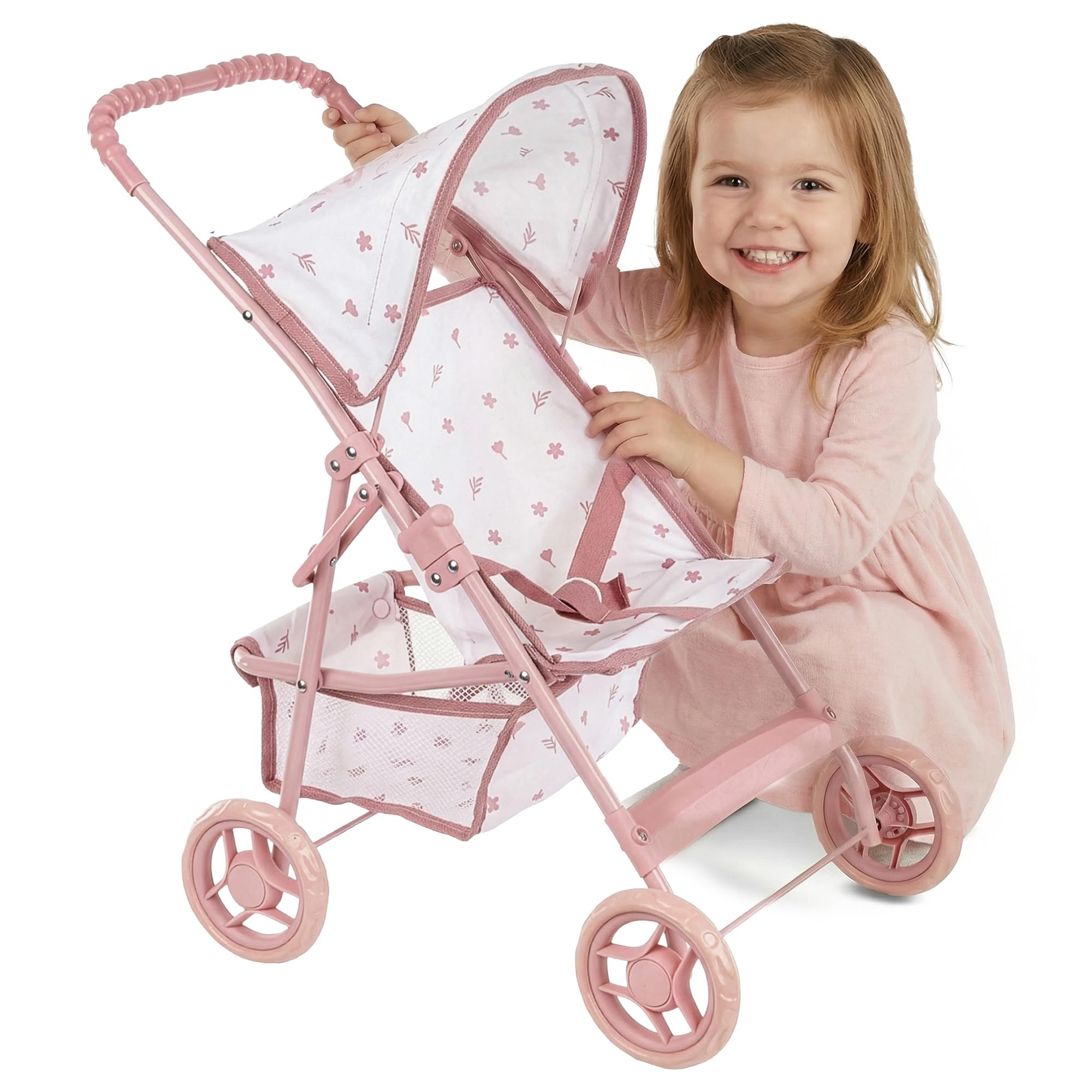 Kinderplay Cochecito de muñecas a Partir de 3 años: Cochecito Plegable Ligero para niñas con Ruedas EVA, cinturón y Visera – Cochecito de Juguete Rosa para muñecas