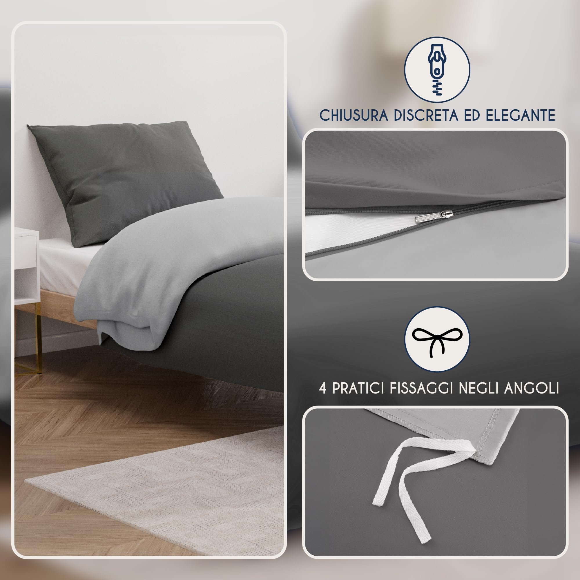 Dreamzie Copripiumino Singolo 135x200 cm con 1 Federe 50x70 cm - Grigio Scuro/Grigio Chiaro Set Copripiumino Singolo 135 x 200