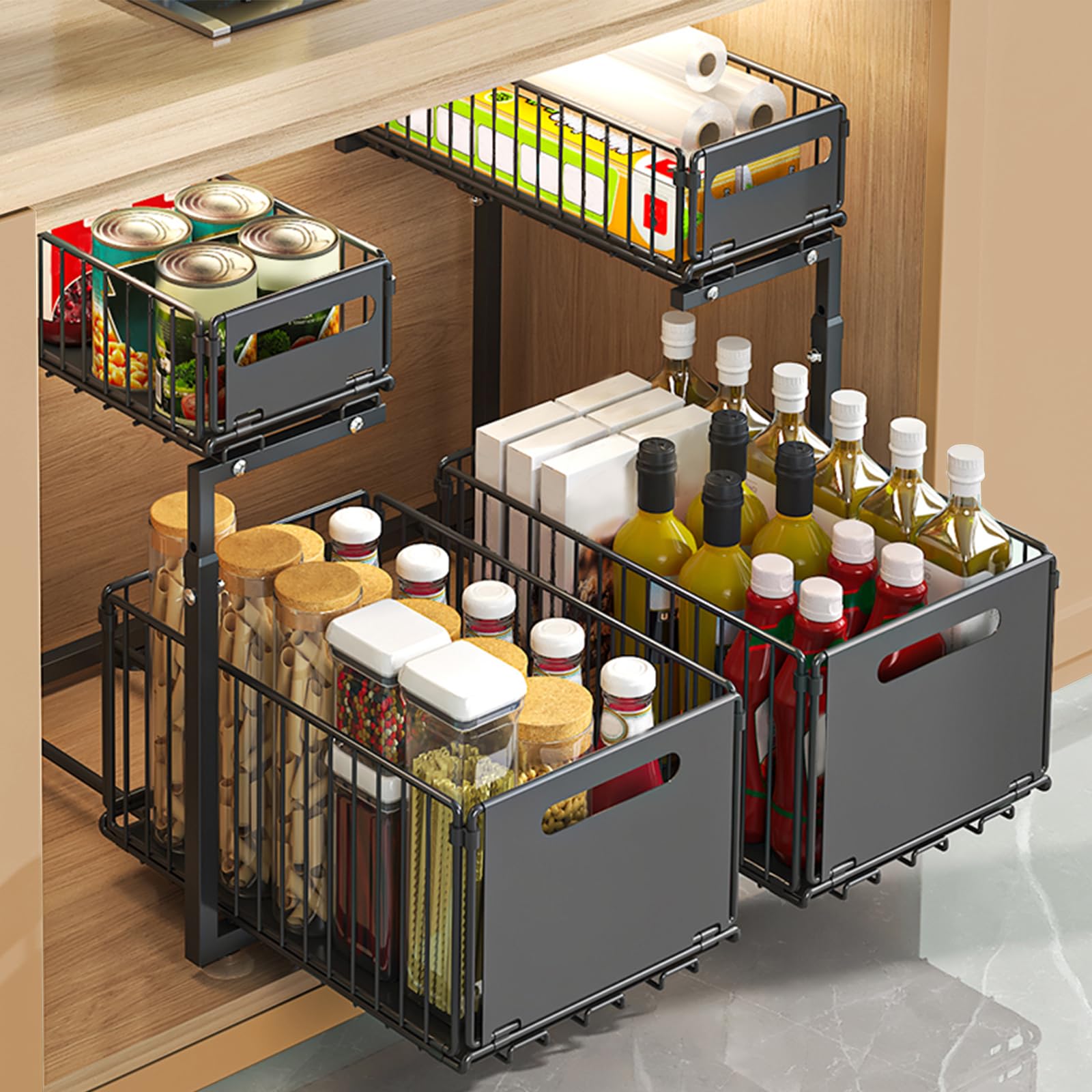 Supfine - Organizador bajo fregadero de 2 niveles con cajones deslizantes, acero al carbono, altura ajustable, almacenamiento bajo fregadero, para cocina, oficina, baño (2, negro)