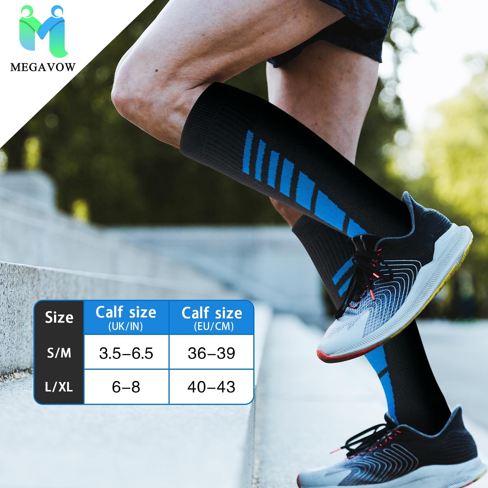 1 par de Calcetines de Compresión para Hombres y Mujeres, Medias de Compresión Graduada Hasta la Rodilla para Viajes en Avión, para Correr, Ciclismo y Esquí, L/XL, Negro y Azul