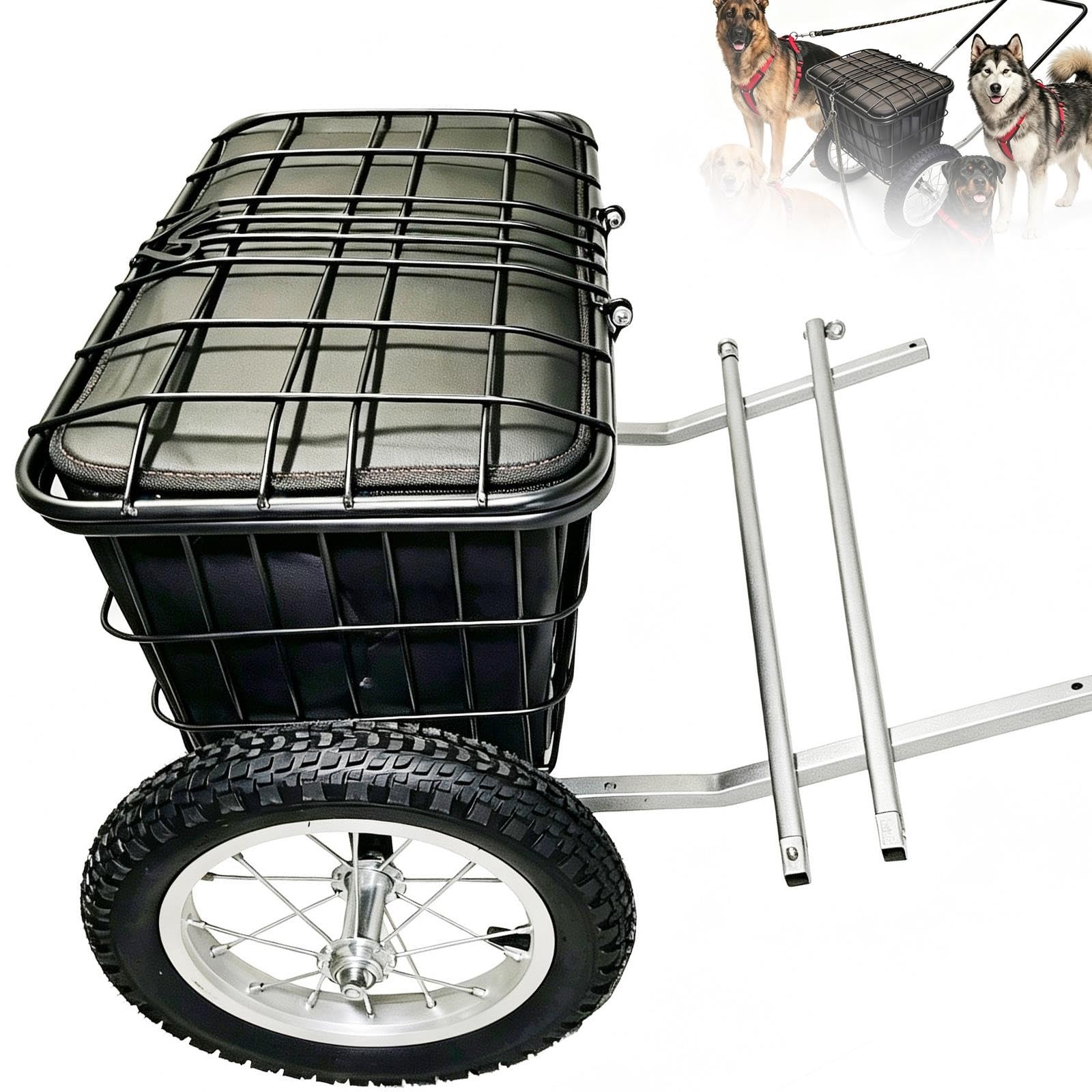 Carrito de tiro para mascotas con arnés, cesta con tapa y remolque de carga