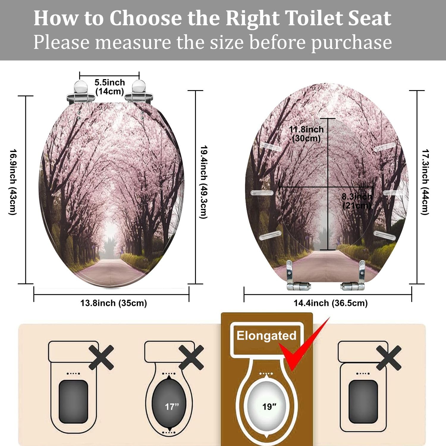 Elongated Toilet Seat cherry tree lined road is beautiful scenery that blooms Resin Toilet Seat Quietly Close Quick Release Hinges Decorative Toilet Seat with Cover Easy to Install