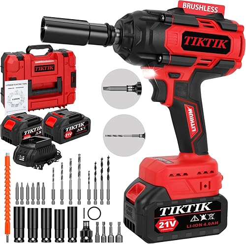 TIKTIK Llave de impacto inalámbrica de 850 Nm, pistola de impacto inalámbrica de 1/2 pulgada con 2 baterías de 4.0 Ah, llave de impacto sin