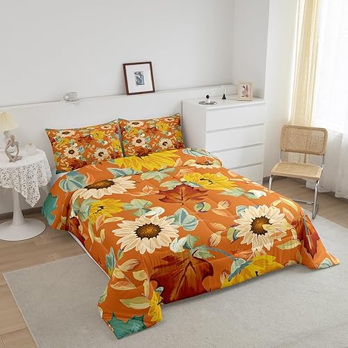 Miniatura 2 de Erosebridal Juego de ropa de cama de otoño, tamaño Queen, color beige, girasol, amarillo, verde, marrón, naranja, juego de edredón de flores de